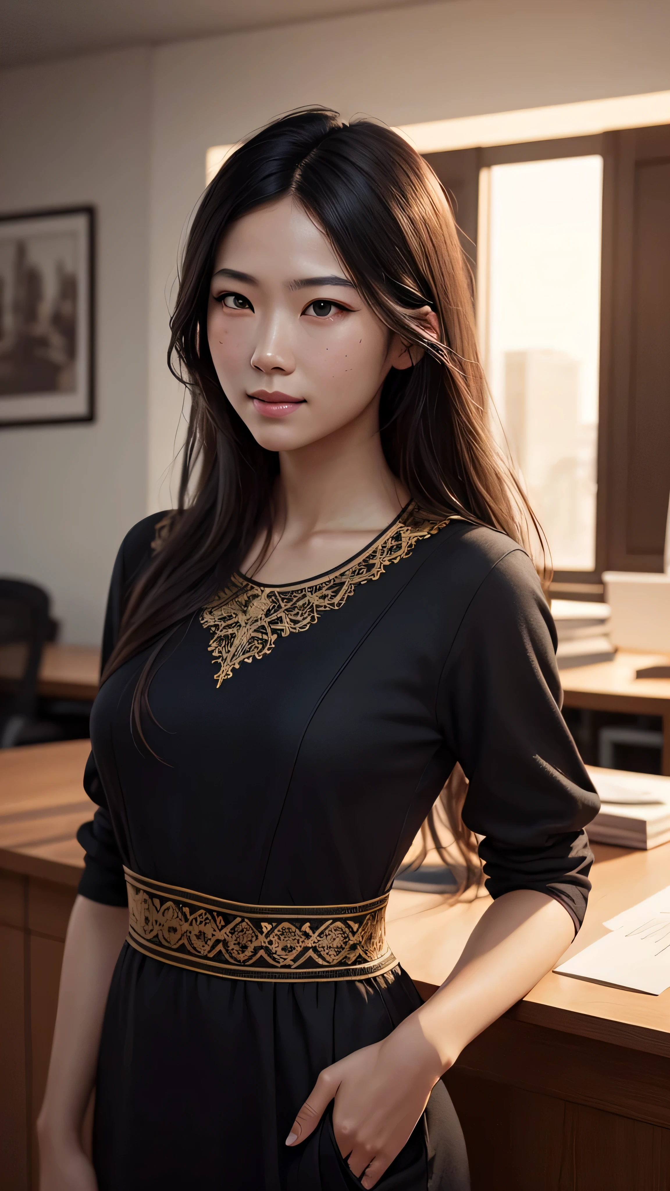 ((best quality: 1.5)) ((masterpiece: 0.8)), intricate details, sharp focus, professional, real life, realistic representation of the face, dim volumetric lighting, dynamic pose, in the style of realistic and hyper detailed renderings BREAK ((((detailed asian woman, ((natural, loose-fitting red black dress, modest, law office, student, study, library, chin up, playful, smirking, athletic, looking away))), golden hour, ((long hair, [dark hair:blonde hair:0.8]), [flat chest:medium breasts:0.8]))), freckles: 0.6), photorealistic, hyper-realistic, 8K