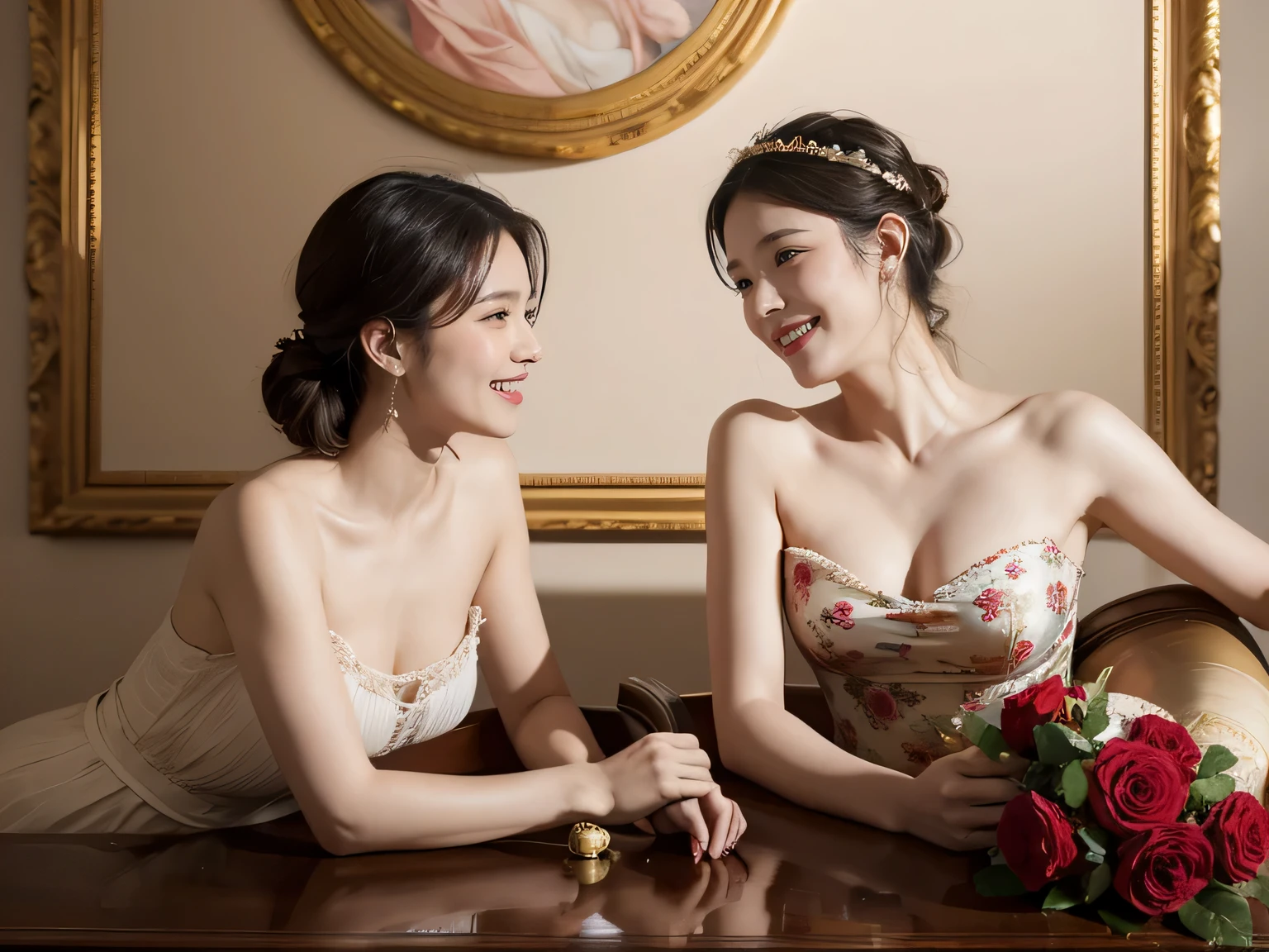 Jacques-Louis David painting style,Arguments of two female Philosophe,ath、astronomical machine、astronaut、roses in vase、fruits、Cute trinkets、smile、ancient greek costume、Clothes that stretch your shoulders、A big smile、beautiful bare skin、A detailed representation of the seducing woman throughout her body.