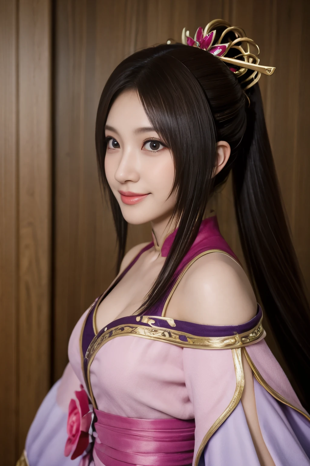 Diaochan from Sangoku Musou 8,超reality的な,hair ornaments,Perfect Diaochan costume,twin tail star piece、1 cute girl、17 year old high school student、smile,fine eyes、puffy eyes、bright interior,bright court、highest quality, 超High resolution, (reality: 1.4), movie lighting、Japanese、asian beauty、Korean、super beautiful、beautiful skin、body facing forward、whole body,Upper body、(超reality的な)、(High resolution)、(8k)、(very detailed)、(美しくfine eyes)、(Super detailed)、 (wall-)、detailed face、bright lighting、professional lighting、looking at the viewer、look straight ahead、slanted bangs、brown hair、Nogizaka Idol、