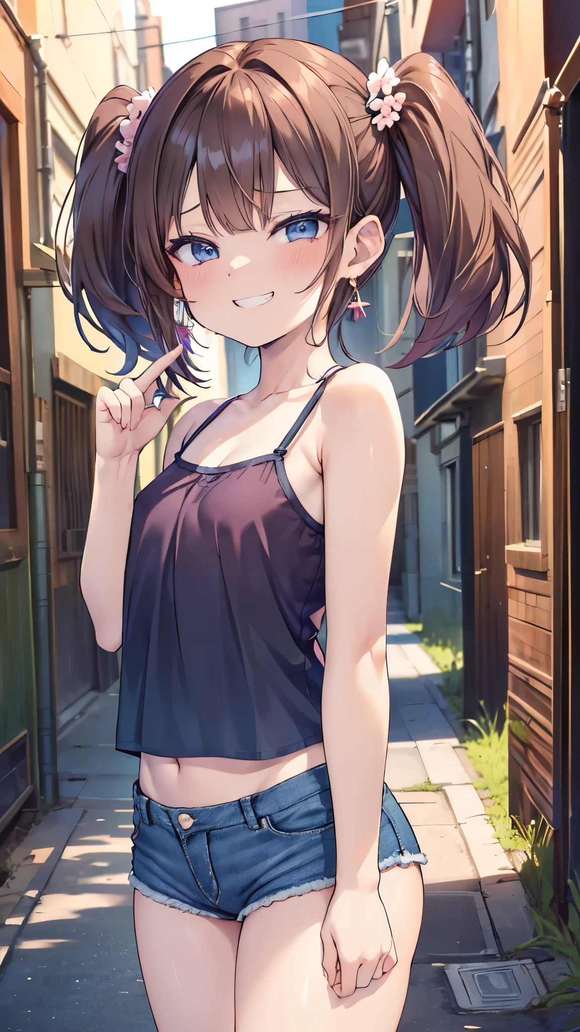 (8K、Highest image quality、highest quality、masterpiece)、detailed face、((((two :2))))、brown hair、medium hair、brown eyes、evil smile、((grin))、earrings、((small breasts))、((pink camisole))、((denim short shorts))、cowboy shot、black hair、twintails、light blue eyes、evil smile、((grin))、earrings、((small breasts))、((white camisole))、((denim short shorts))、cowboy shot、((standing in a row:1.5))、((back alley background))、((nsfw))