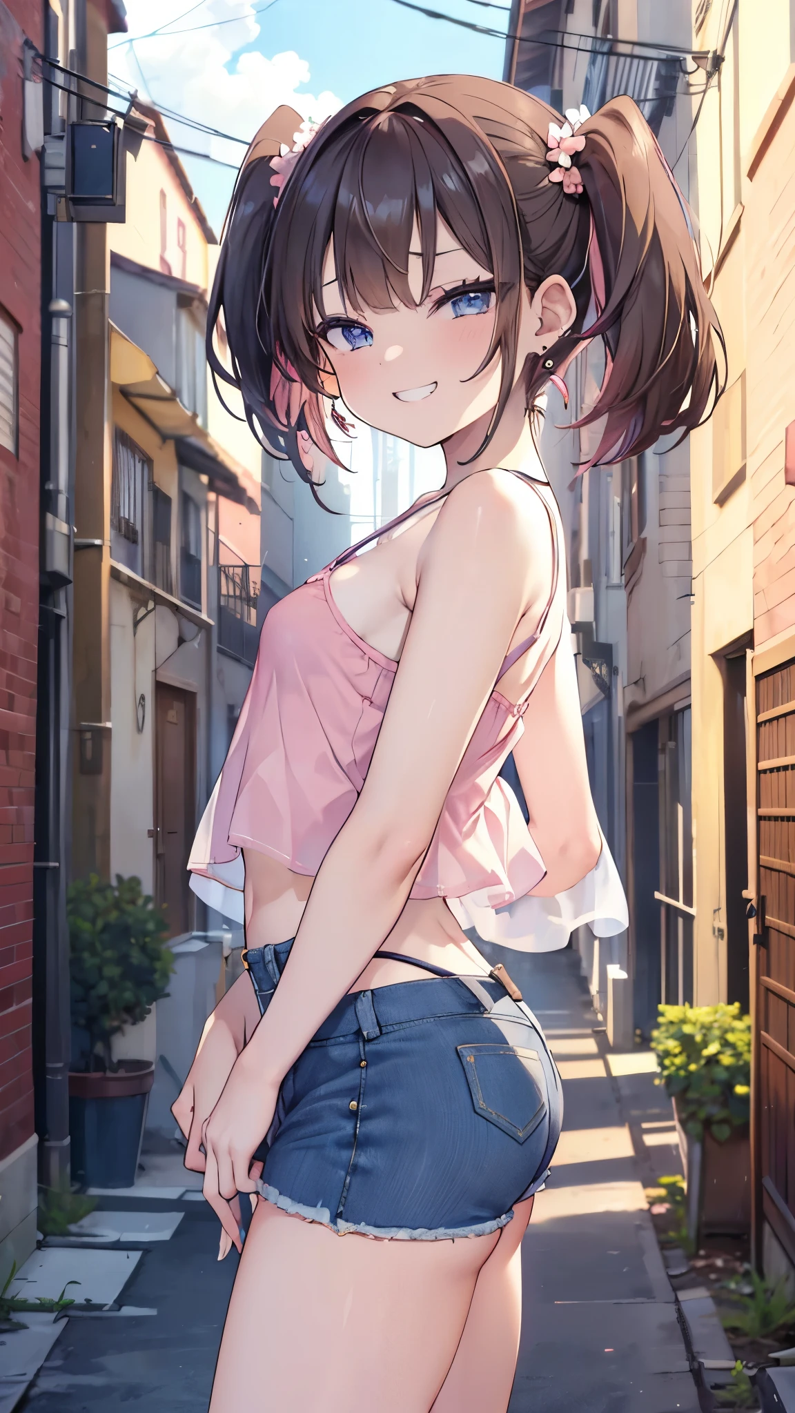 (8K、Highest image quality、highest quality、masterpiece)、detailed face、((((two :2))))、brown hair、medium hair、brown eyes、evil smile、((grin))、earrings、((small breasts))、((pink camisole))、((denim short shorts))、cowboy shot、black hair、twintails、light blue eyes、evil smile、((grin))、earrings、((small breasts))、((white camisole))、((denim short shorts))、cowboy shot、((standing in a row:1.5))、((back alley background))、((nsfw))
