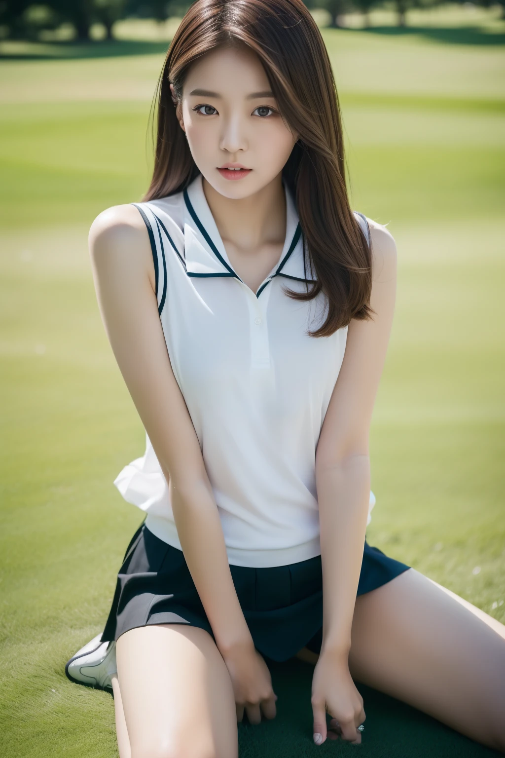 (highest quality, 8k, 32K, masterpiece, Hmm: 1.2), (1 Japanese slender women, 28 years old, tall gravure model), dark brown hair, professional lighting, photon mapping, radio city, (high resolution skin: 1.2), (exposed shoulders: 1.1), squat with legs apart, ((provocative dynamic pose)),  (top down view: 1.5, (golf uniform: 1.1, Panties can be seen through the skirt), super detailed face, lip details, fine eyes, double eyelid, (A sensual look at the photographer, lips slightly open) sunny, Golf course,