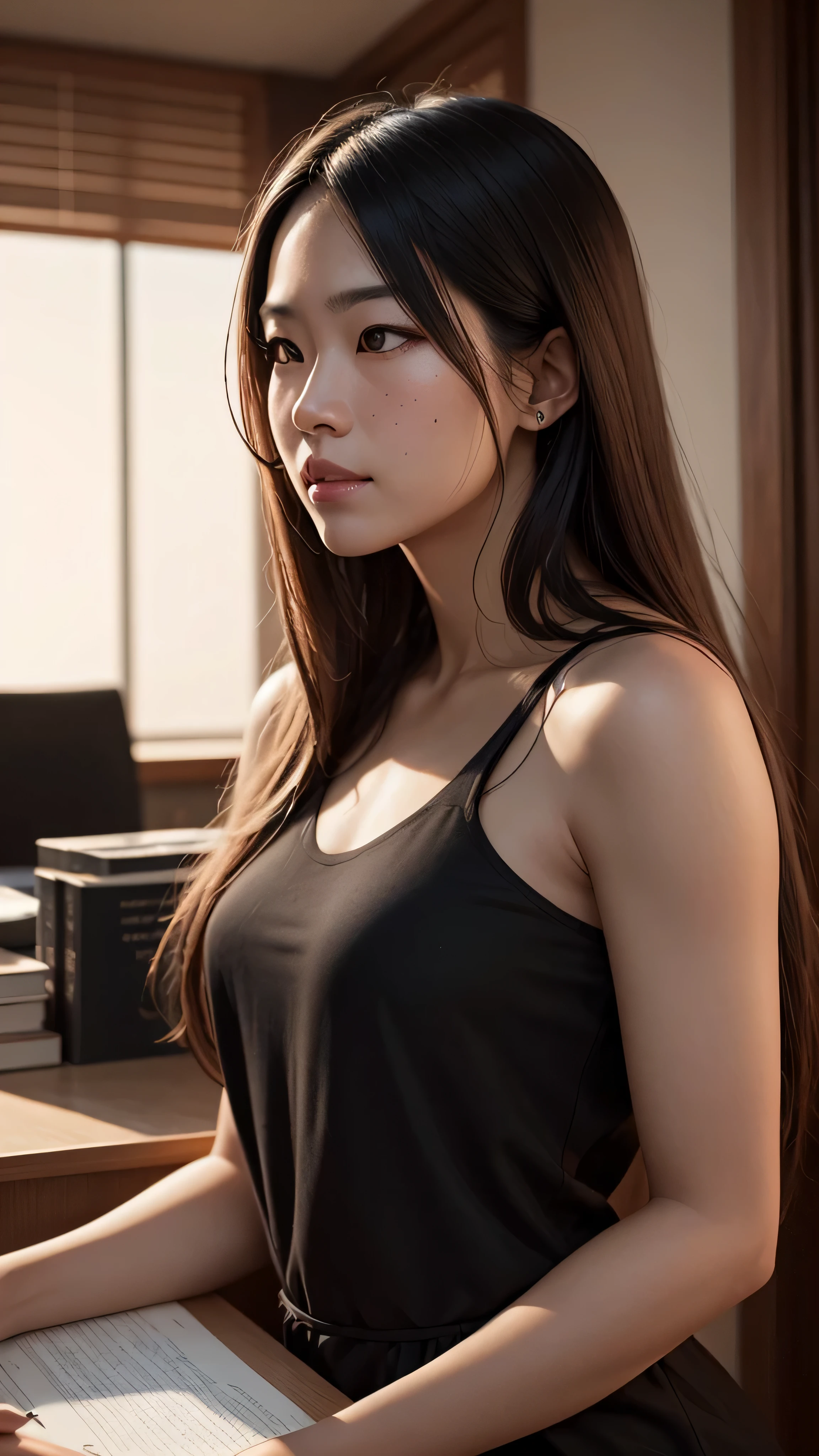 ((best quality: 1.5)) ((masterpiece: 0.8)), intricate details, sharp focus, professional, real life, realistic representation of the face, dim volumetric lighting, dynamic pose, in the style of realistic and hyper detailed renderings BREAK ((((detailed asian woman, ((natural, loose-fitting red black dress, modest, law office, student, study, library, chin up, playful, smirking, athletic, looking away))), golden hour, ((long hair, [dark hair:blonde hair:0.8]), [flat chest:medium breasts:0.8]))), freckles: 0.6), photorealistic, hyper-realistic, 8K