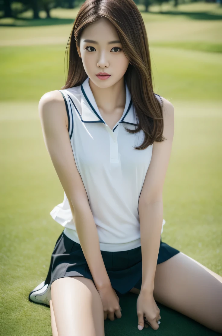 (highest quality, 8k, 32K, masterpiece, Hmm: 1.2), (1 Japanese slender woman, 28 years old, tall gravure model), dark brown hair, professional lighting, photon mapping, radio city, (high resolution skins: 1.2), (exposed shoulders: 1.1), squat with legs apart, ((provocative dynamic pose)), (top down view: 1.5, (golf uniform: 1.1, Panties can be seen through the skirt), super detailed face, lip details, fine eyes, double eyelid, (A sensual look at the photographer, lips slightly open) Sunny, Golf course,