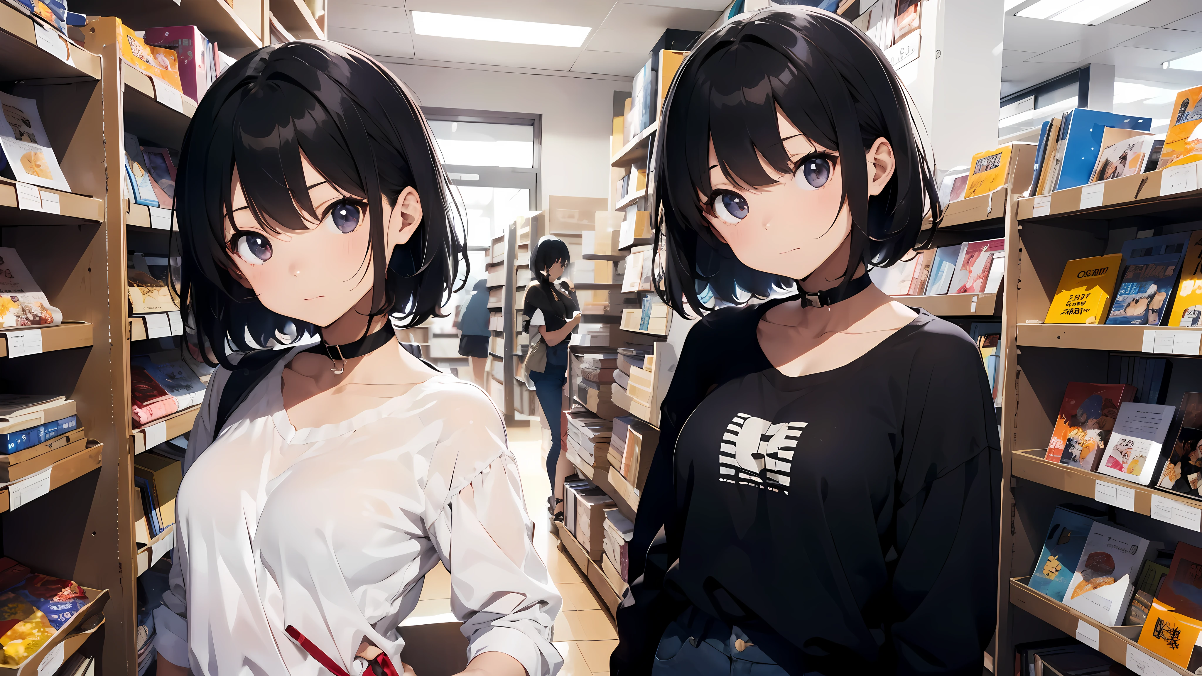 anime girl, 18 years old, short black hair, choker collar, unbuttoned white shirt, no bra, jean shorts, bookstore, bookcases, books, open door, open window, nighttime, standing, hand on hip, dramatic lighting, cinematic lighting, masterpiece, best quality