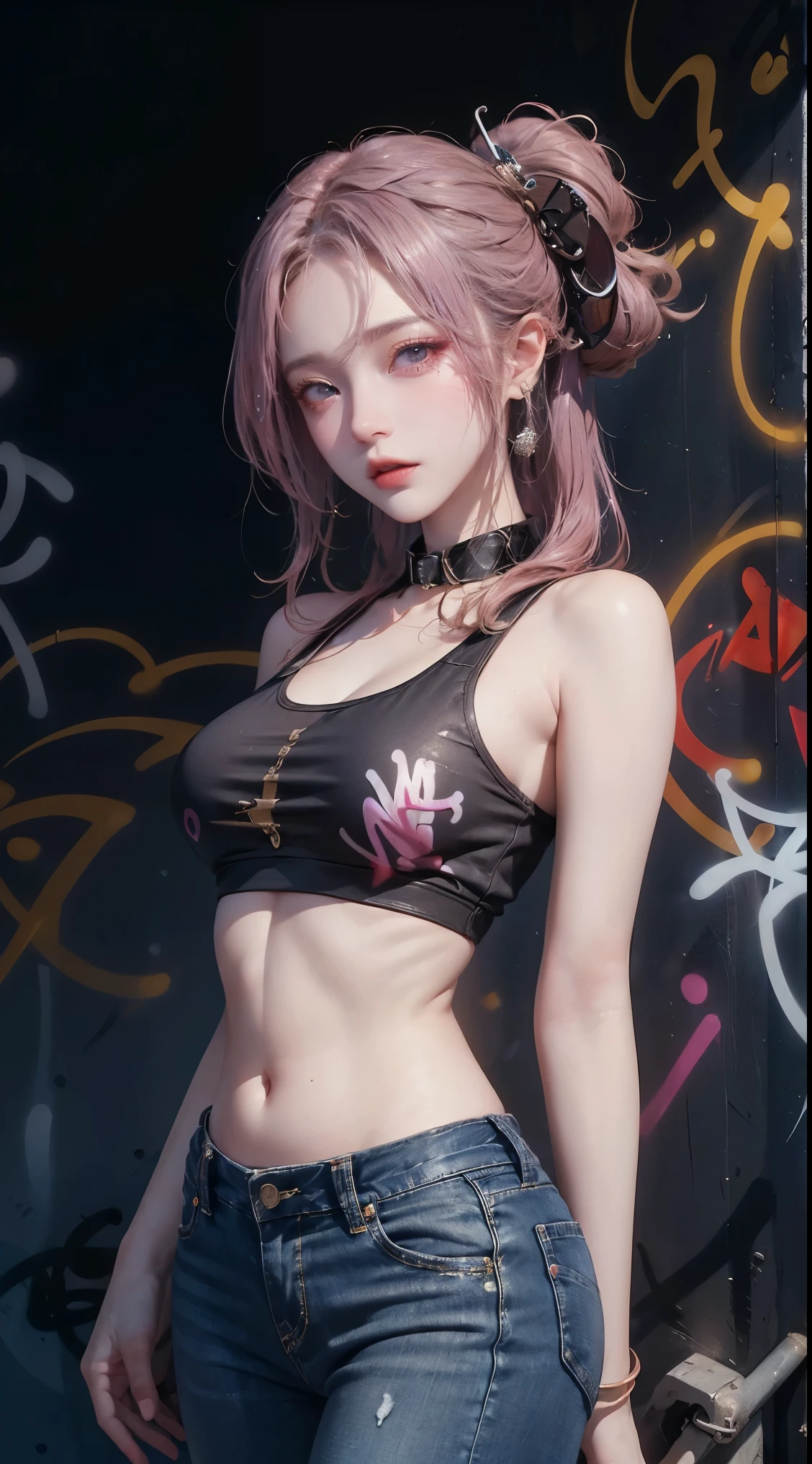 Ayaka Kamisato|Genshin Impact, masterpiece, best quality, 1 girl,25 years old, proportional body, long legs, beautiful, proportional., crop top, long jeans, medium breasts, ,only, crop top, collar, (Graffiti:1.5), Splash with purple lightning pattern., arms behind back, against the wall, View viewers from the front., thigh strap, head tilt, boring,(national technology development bureau.:1.2), (10, best quality, masterpiece: 1.4), beautiful red hair, ultra high resolution, (lifelike, lifelike的肖像: 1.48), (View through crop top.), famous japanese actor, beautiful clear eyes, head tilt, Cowboy shooting, from the front, looking at the audience, Poker face, beautiful lake, Zeiss 150mm F/ 2.8 Hasselblad, whole body, foot, super wide angle,