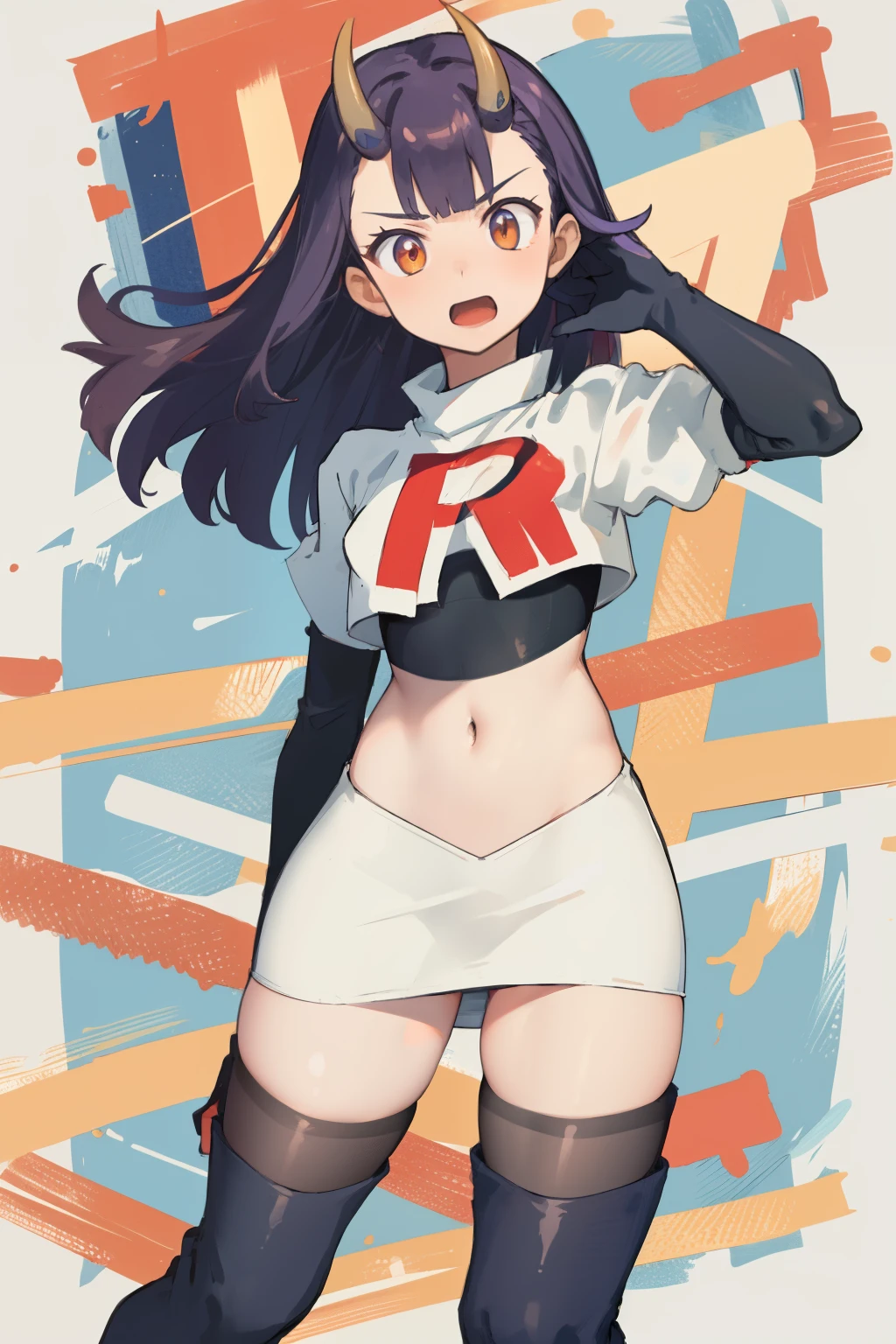 masterpiece, detailed, high quality, absurdres, onigiri1, 1girl, solo, oni horns, small breasts, curvy, cowboy shot, team rocket,team rocket uniform,white skirt,red letter R,crop top,black thigh-highs,black elbow gloves,