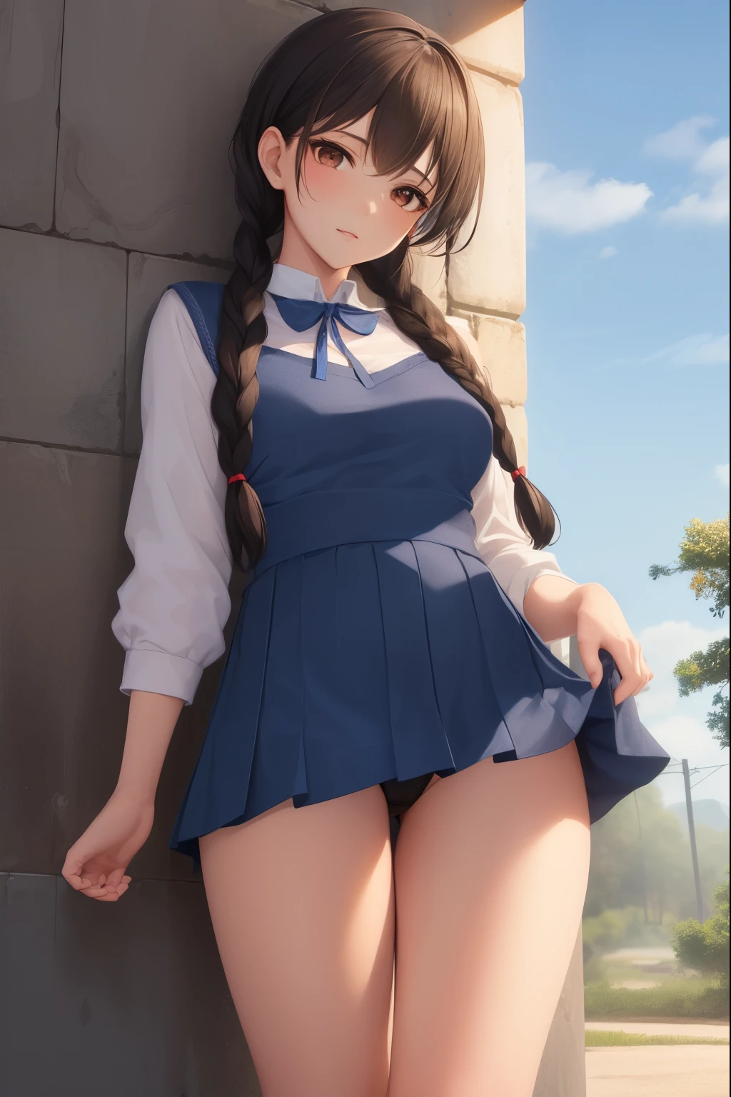 Pai-chan,mini skirt、bare legs、beautiful thighs、超kirt short enough to show panties、 Twin braids with blue ribbon, brown eyes, double good,black hair,Are standing, alone , Upper body, combat readiness,
paiati,blue cheongsam, red obi, pants, No sleeve,
marble floor, blue sky, cloudy, evening,
(Extremely detailed, beautiful and detailed face, masterpiece, highest quality)