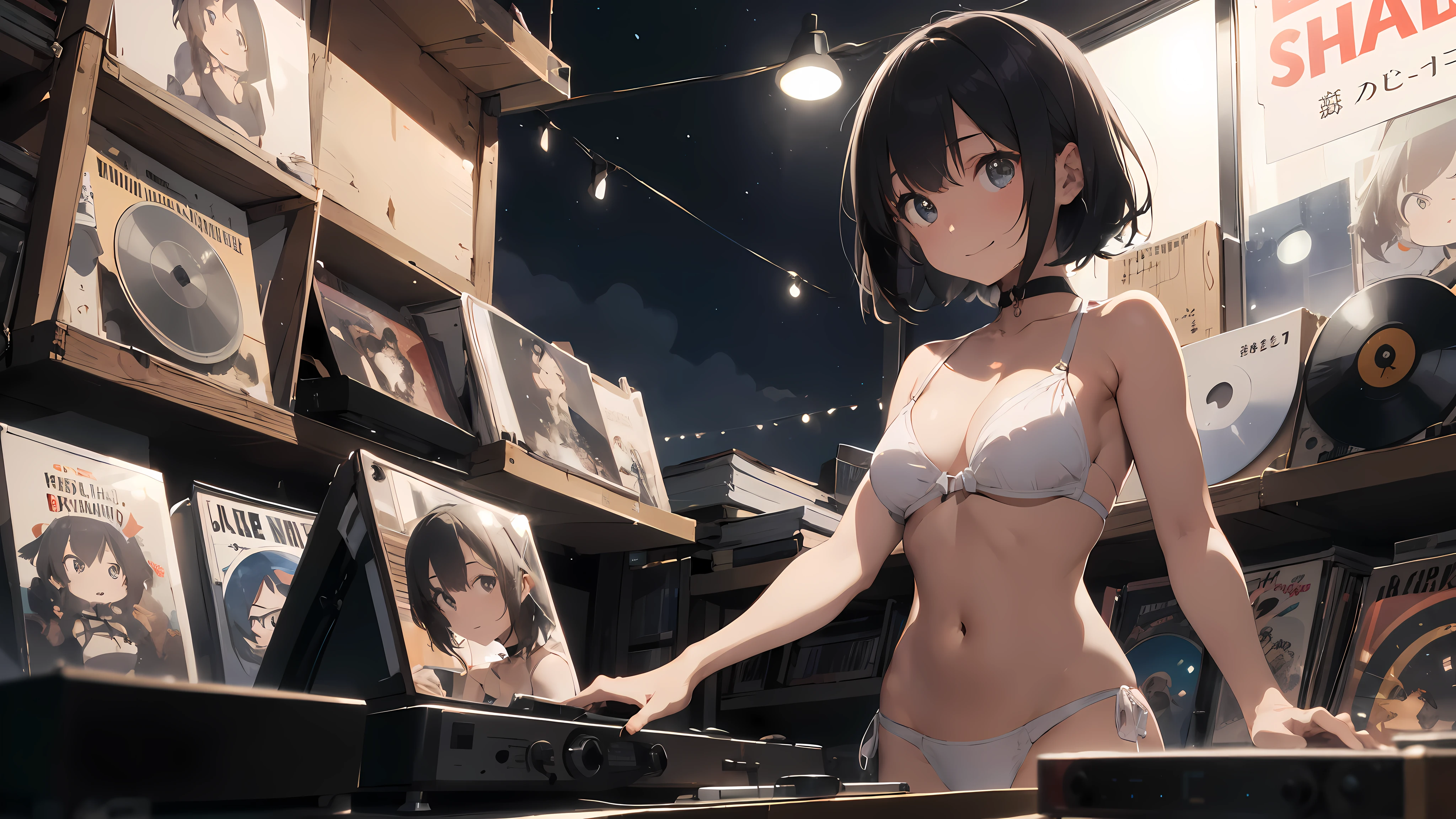 18 year old girl, short black hair, big sad eyes, sweet smile, small breasts, thin hips, choker collar, white bikini top, bare midriff, white panties, standing, near open door, record store, vinyl, turntable, DJ equipment, evening, nighttime, dramatic lighting, cinematic lighting, masterpiece, best quality