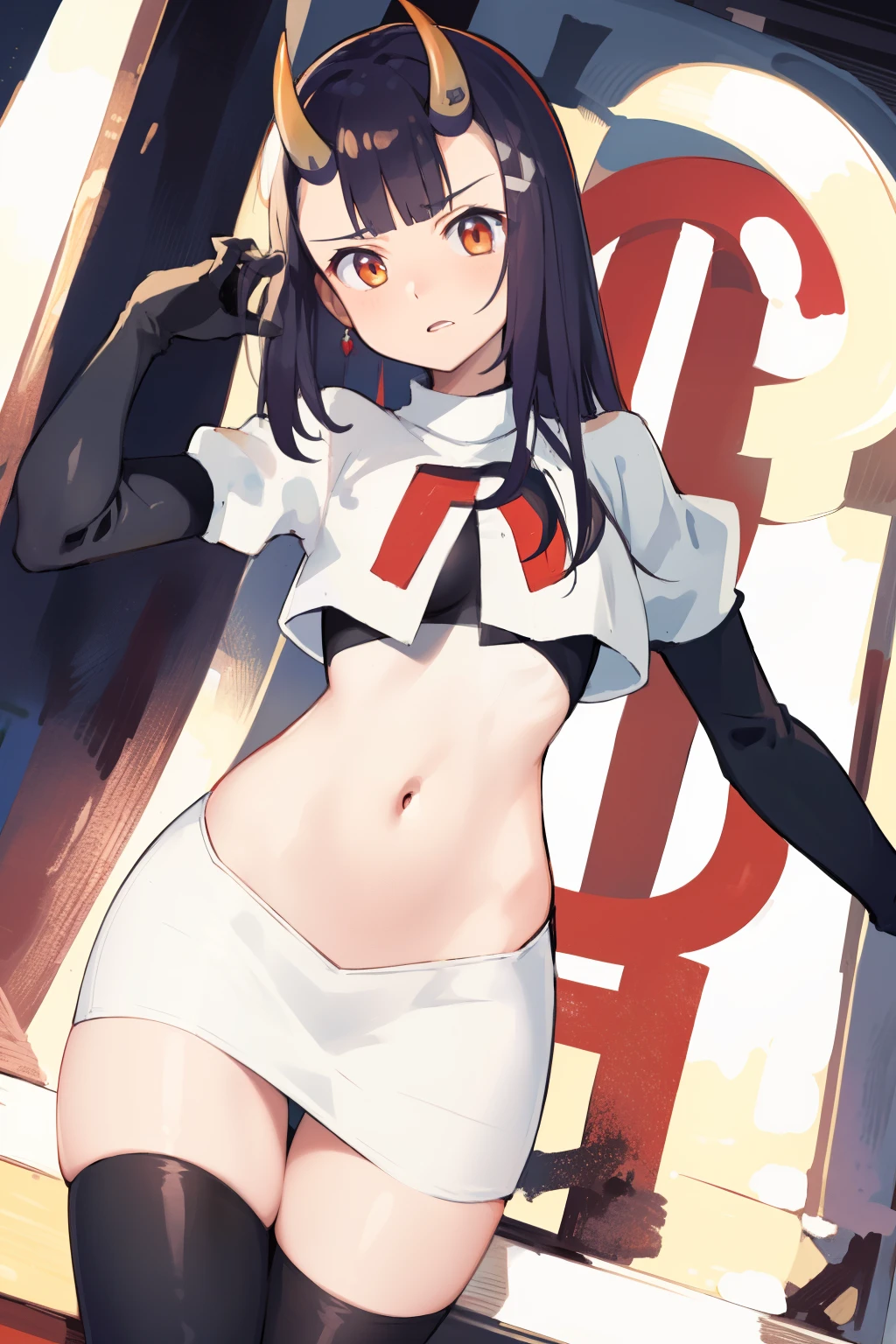 masterpiece, detailed, high quality, absurdres, onigiri1, 1girl, solo, oni horns, small breasts, curvy, cowboy shot, team rocket,team rocket uniform,white skirt,red letter R,crop top,black thigh-highs,black elbow gloves,