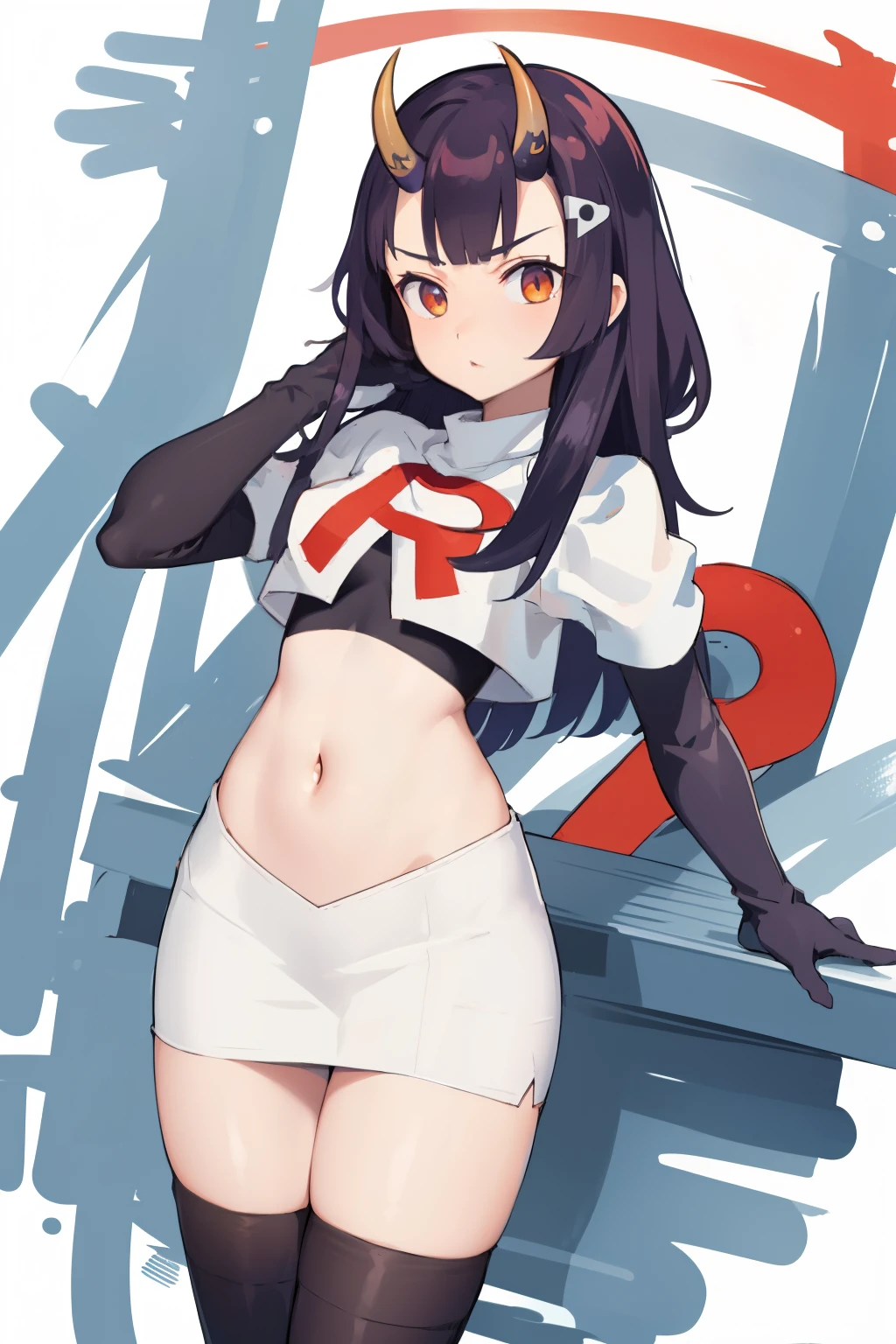 masterpiece, detailed, high quality, absurdres, onigiri1, 1girl, solo, oni horns, small breasts, curvy, cowboy shot, team rocket,team rocket uniform,white skirt,red letter R,crop top,black thigh-highs,black elbow gloves,