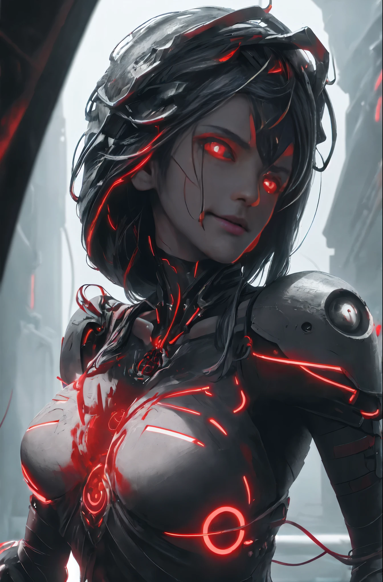 1mechanical girl,((ultra realistic details)), portrait, detailed face,global illumination,GlowingRunes_red, shadows,rim lighting,octane render, 8k, ultra sharp,metal,intricate, ornaments detailed, cold colors, egypician detail, highly intricate details, realistic light, trending on cgsociety, glowing eyes, facing camera,helmet, white plastic,  neon details, machanical limbs,blood vessels connected to tubes,mechanical cervial attaching to neck,wires and cables connecting to head,blood,killing machine, 
