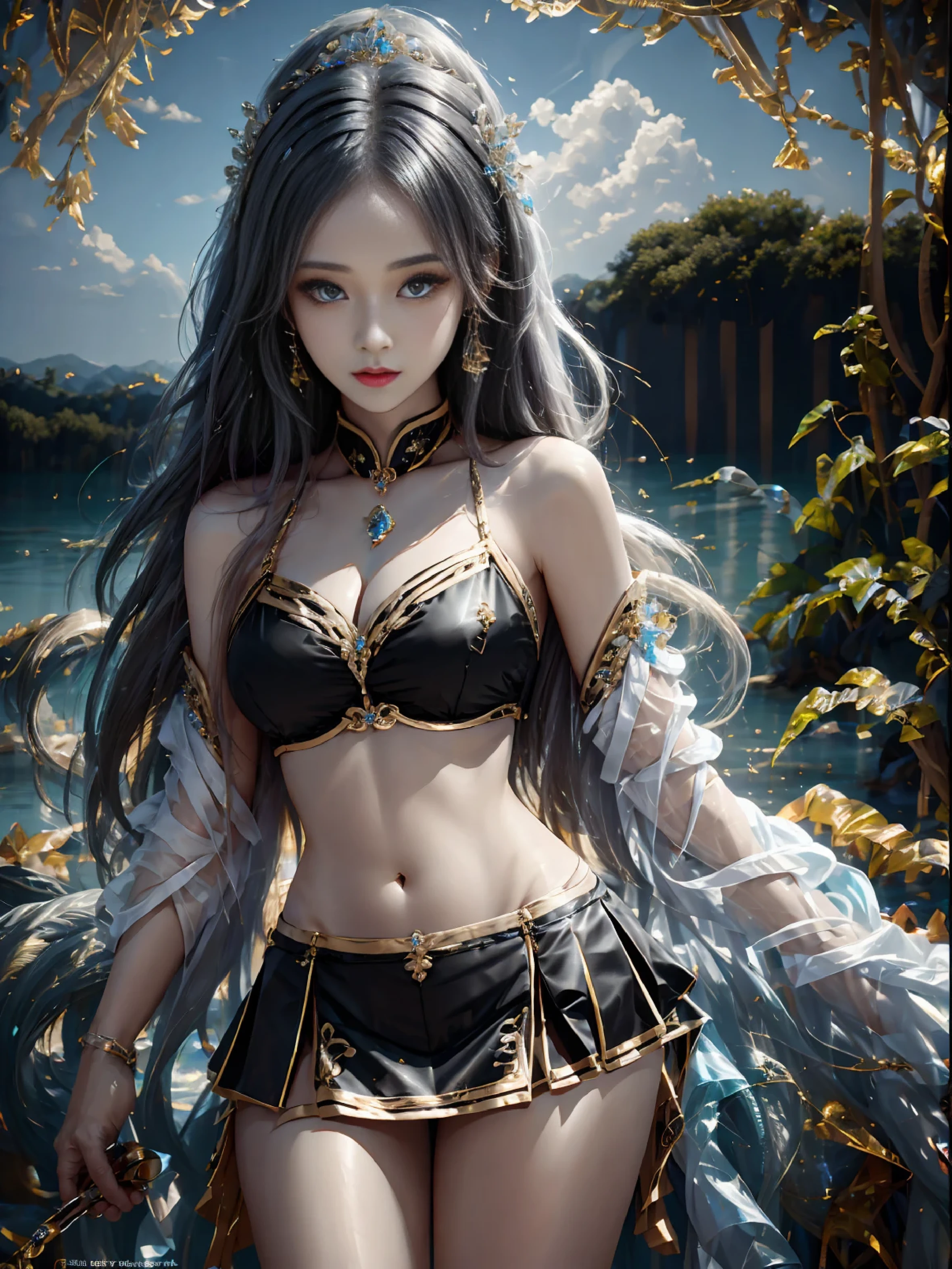 Masterpiece,half body,,Highest picture quality,The beautiful breasts of the royal women,black bikini,black short skirt,Delicate black hairstyle,Amber eyes are clear..,Decorated with the most exquisite jewelry..,Excellent details,raise the level。