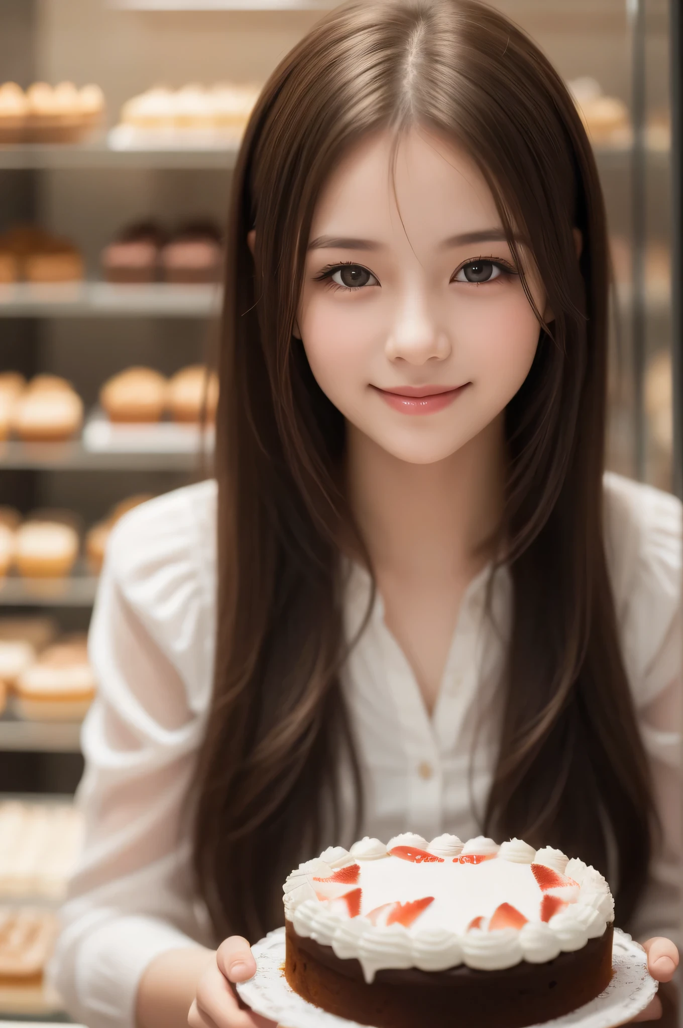 1young girl, long hair, brown eyes, (smile slightly, Innocent and cute expression), model, Enchanting, Sublime, Ethereal, fantastic, extremely detailed CG unified 8k wallpaper, High-definition raw color photos, professional photography, indoors, (Cake shop, lots of cakes lined up), (Bokeh), depth of fields,