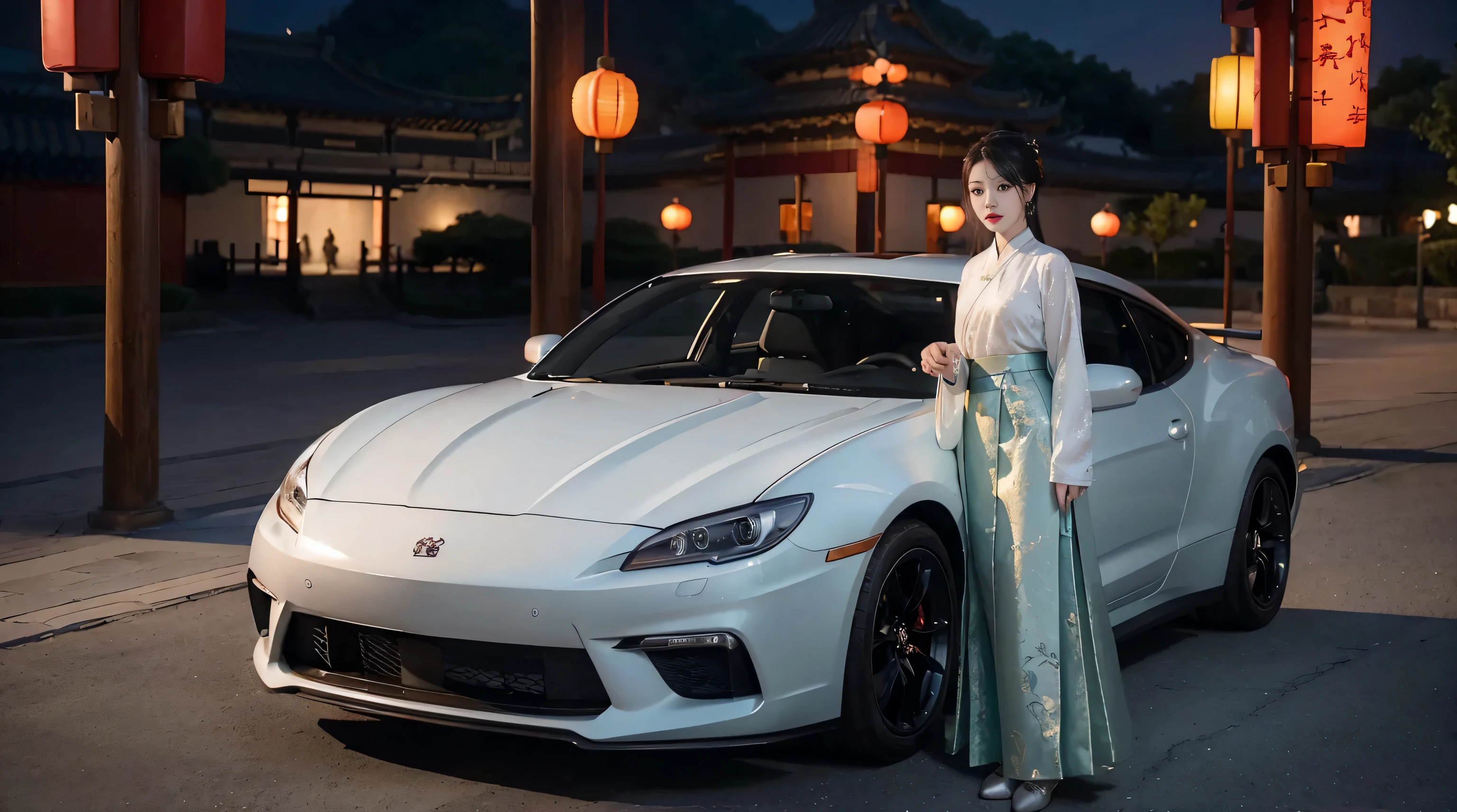 Lantern Festival，street lamp，dragon lantern，beauty，Sexy，horse face skirt，Chinese Hanfu，(((a good looking car)))，Chinese style architecture，（（best quality）），（（masterpiece））,