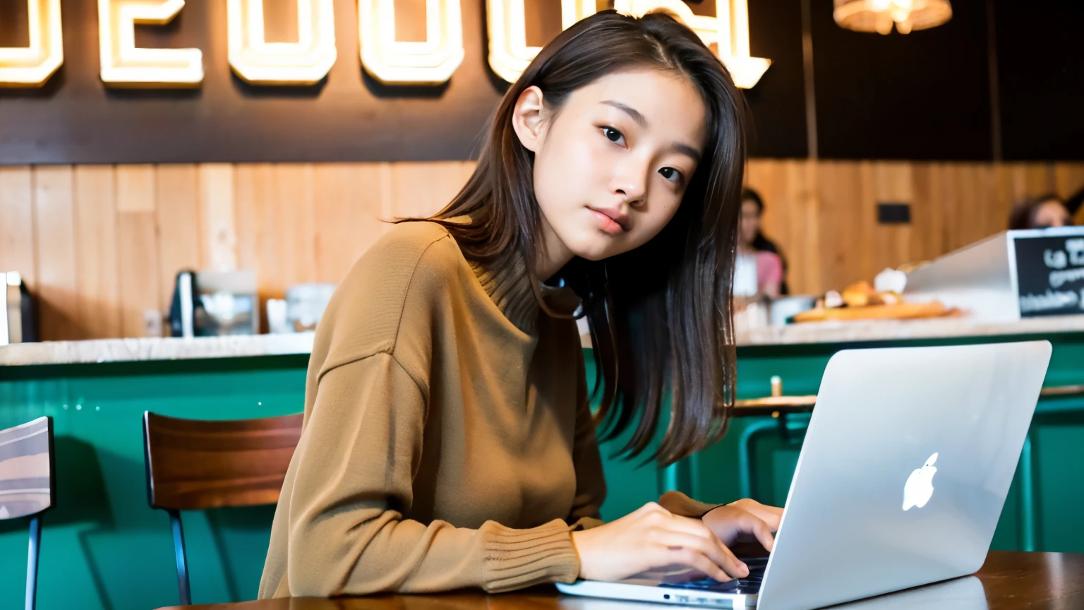 ((highest quality)), ((masterpiece)), (be familiar with), perfect face,Female college student working remotely using a laptop in a stylish cafe,Brown-haired medium short