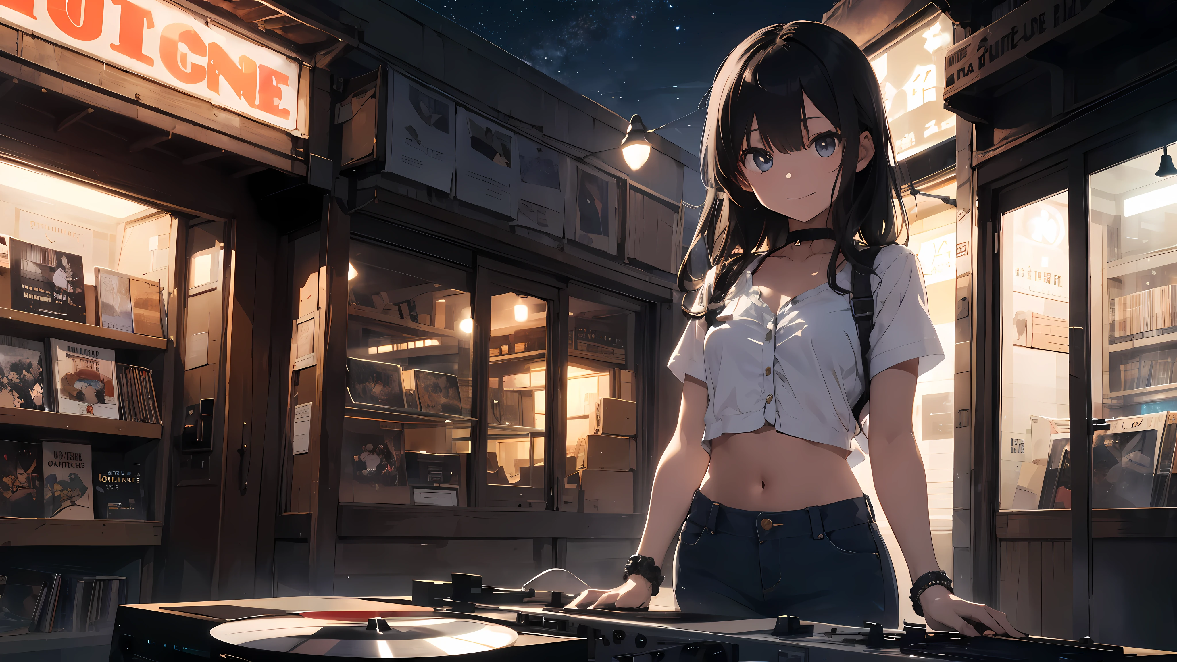 18 year old girl, long black hair with bangs, big sad eyes, sweet smile, small breasts, thin hips, choker collar, wrist bracelets, white unbuttoned shirt, blue bra, bare midriff, jean shorts, standing, hand on hip, open door, open window, record store, vinyl, turntable, DJ equipment, evening, nighttime, dramatic lighting, cinematic lighting, masterpiece, best quality