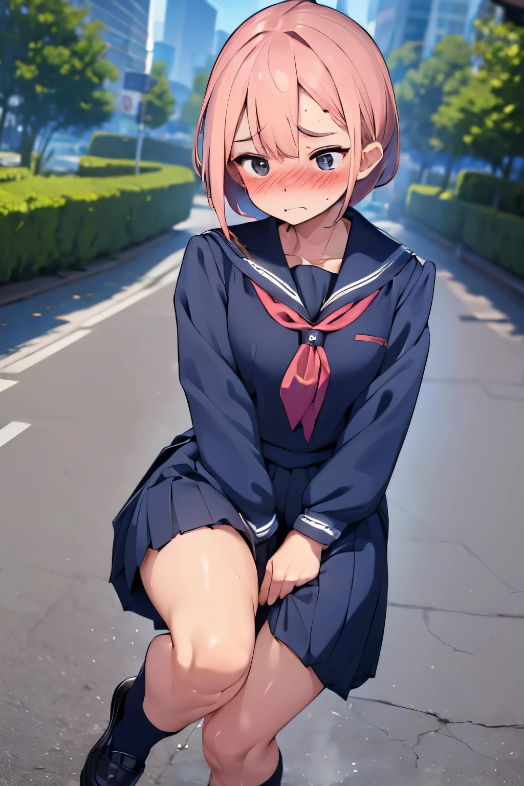 superfine illustration, Perfect Anatomy, Best Quality, Hires, amazing shading, Beautiful skin, 1 , nose blush, Saliva, Ecstasy,  Close eyes, ,School Uniforms ,  Full body, SEX, Opening Mouth, touches crotch, (Rubbing the crotch with your hands:1.2), (In the street:1.8), suggestive pose,spread legswide:1.8、Small