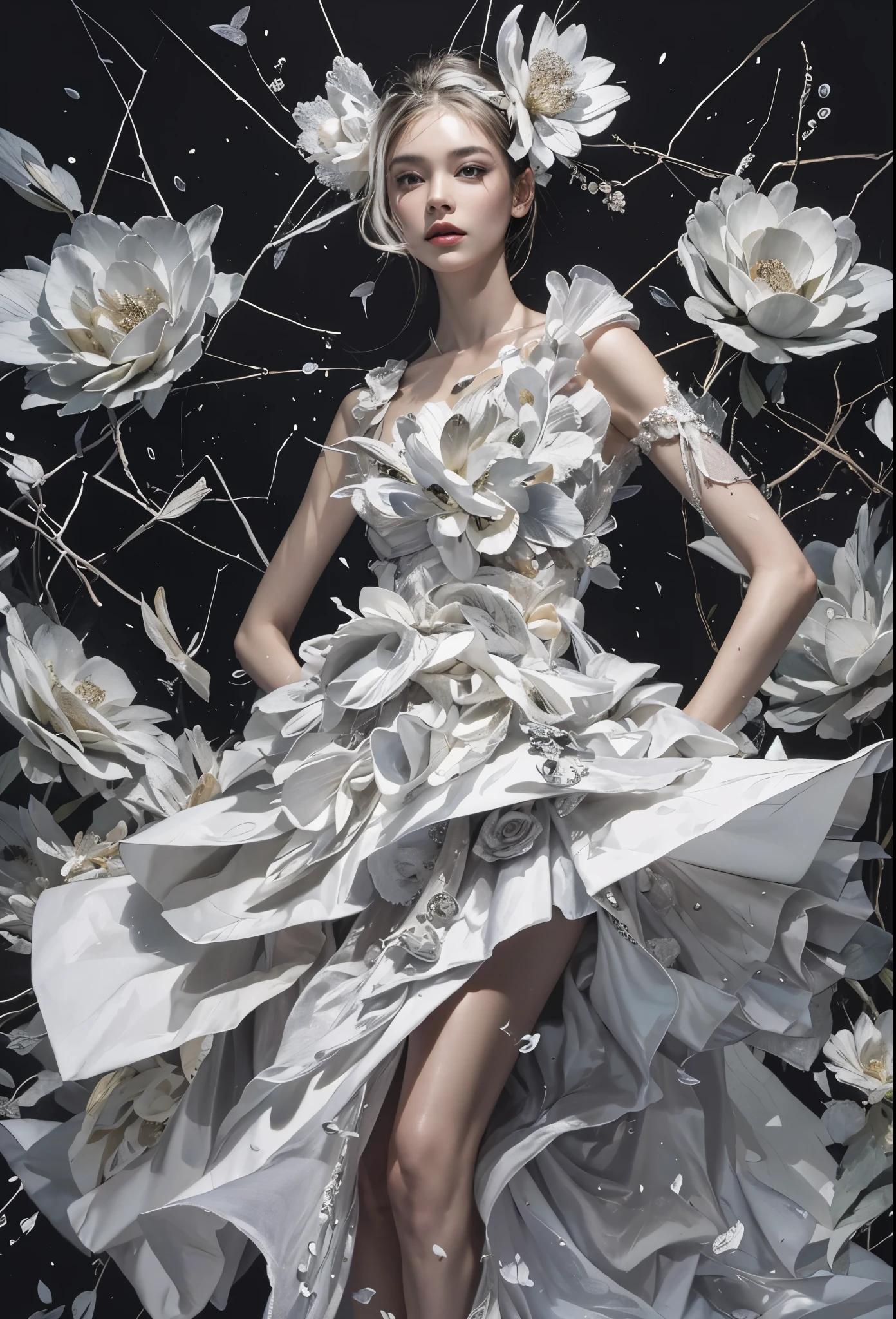fashion brand collection, highly detailed, beautiful, masterpiece, best quality, Geometric style abstract beauty, (Beautiful and cute perfect model), all body, Shiny skin, Detailed face, two legs, approaching perfection, digital painting, artstation, concept art, illustration, white and black colors, surreal, latex, Liquid, Scattered geometry, Asymmetry patterns, abstract forms, white petals, complicated background