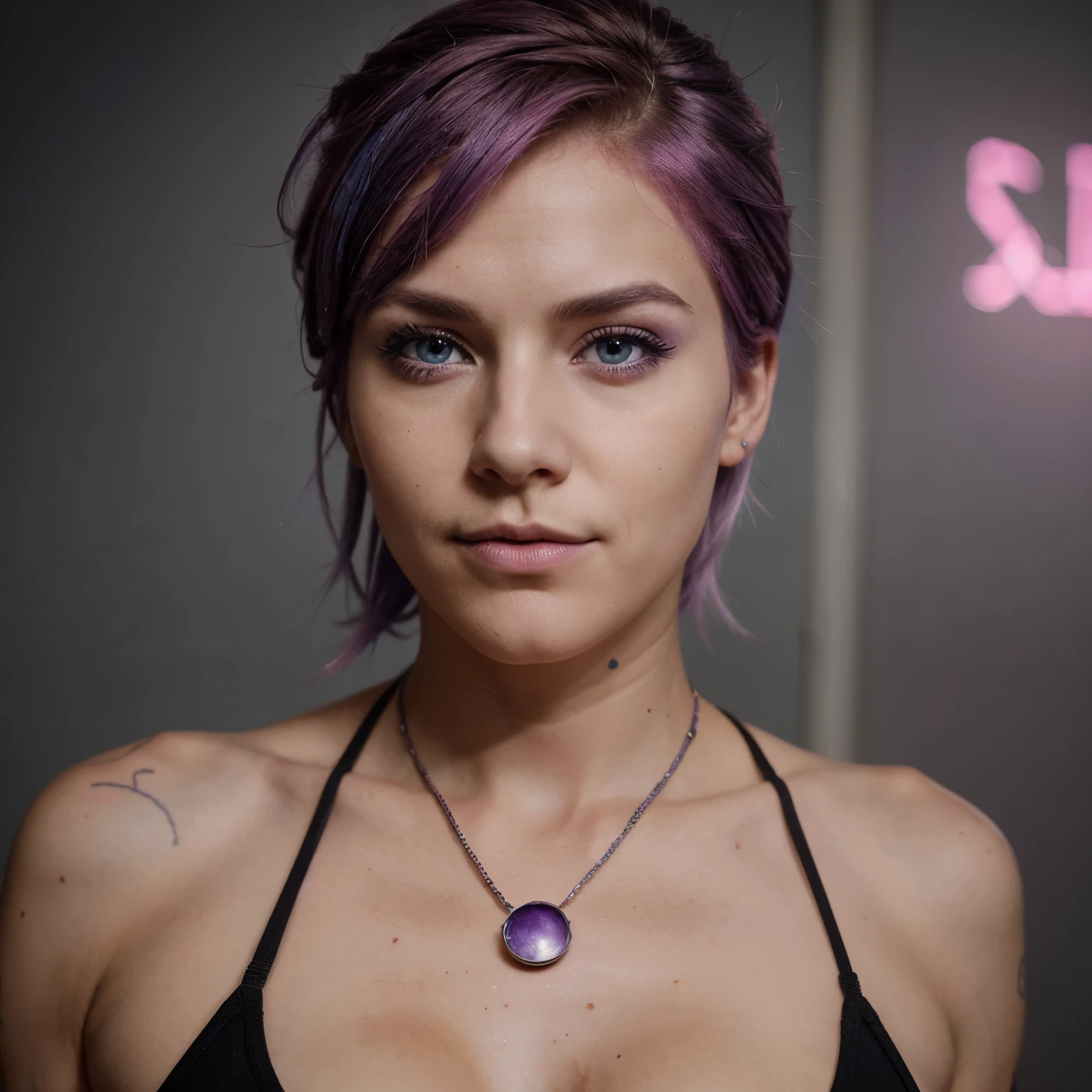29 year old scientifique with pink and purple hair, realistic, grunge, scientifique, cool, tache de rousseur, Yeux d'Heterocromia, norvegian