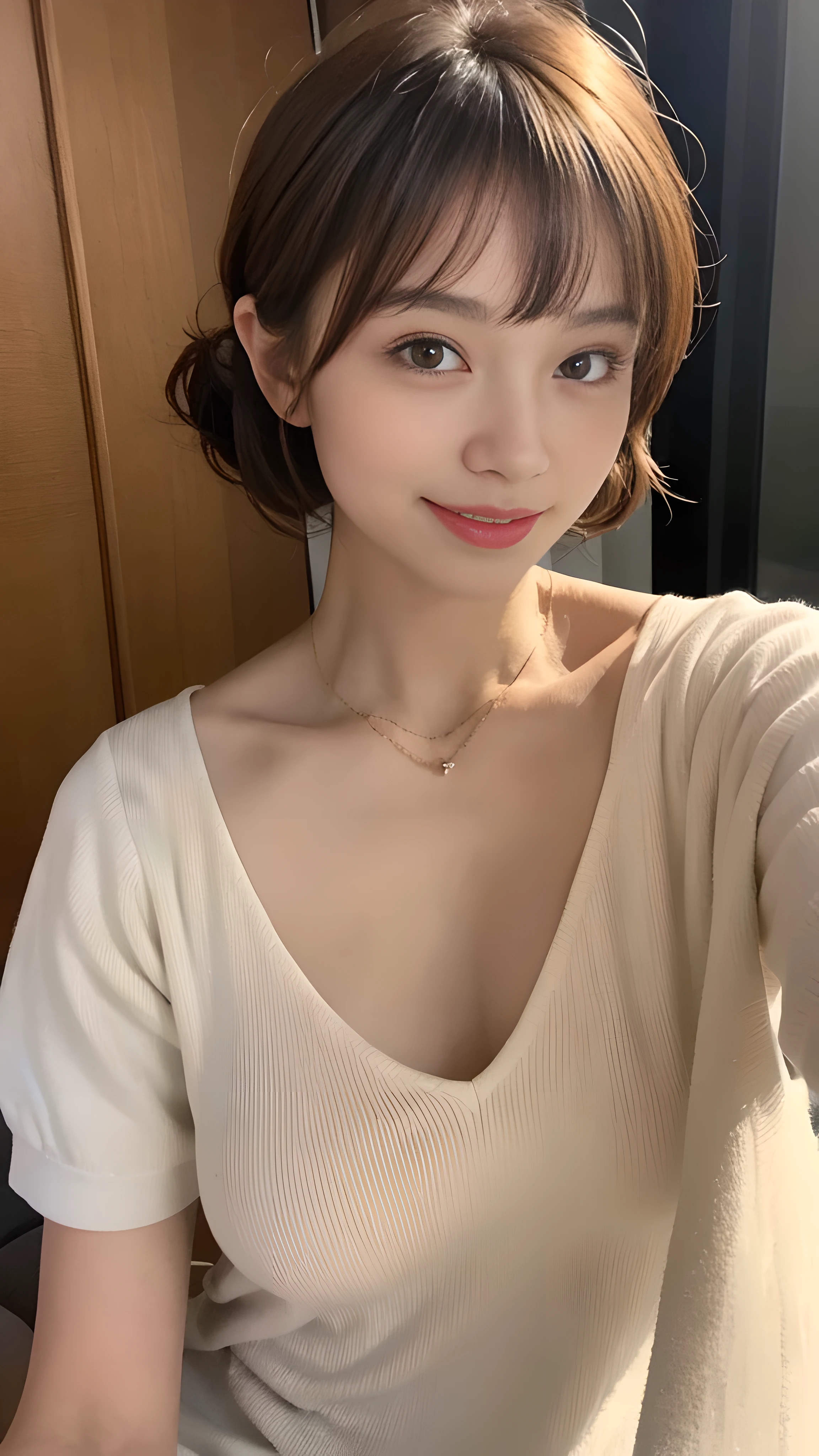 ((highest quality, 8k, masterpiece: 1.3)), 1 girl, The beauty of slim abs: 1.3, (hairstyle casual, big breasts: 1.2), dress: 1.1, super detailed face, delicate eyes, double eyelid, smile, Home