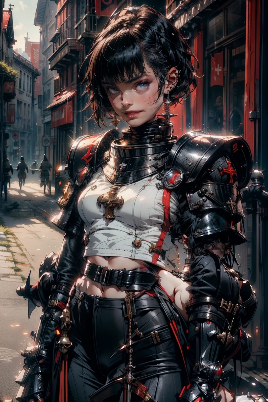 (best quality, masterpiece, ultra high resolution), (8k wallpaper, high-definition, HDR, RAW), (authenticity: 1.4), ((full body shot)), 1girl, ((Anime girl)), ((Fantasy knight girl)), ((Short brown hair)), ((Knight armor)), ((Blue eyes)), ((Open helmet)), amazing muscular body, female curves, wide hips, large breasts, thick thighs, sexy flat tummy, perfect hands, ((hands on her waist)), perfect anime face, ((White tanktop)), ((metal breastplate)), ((Metal skirt)), On a lonely roads, ((Confident smile)), a small castle on the background, contrast illumination, sunlight illumination, sun rays at background