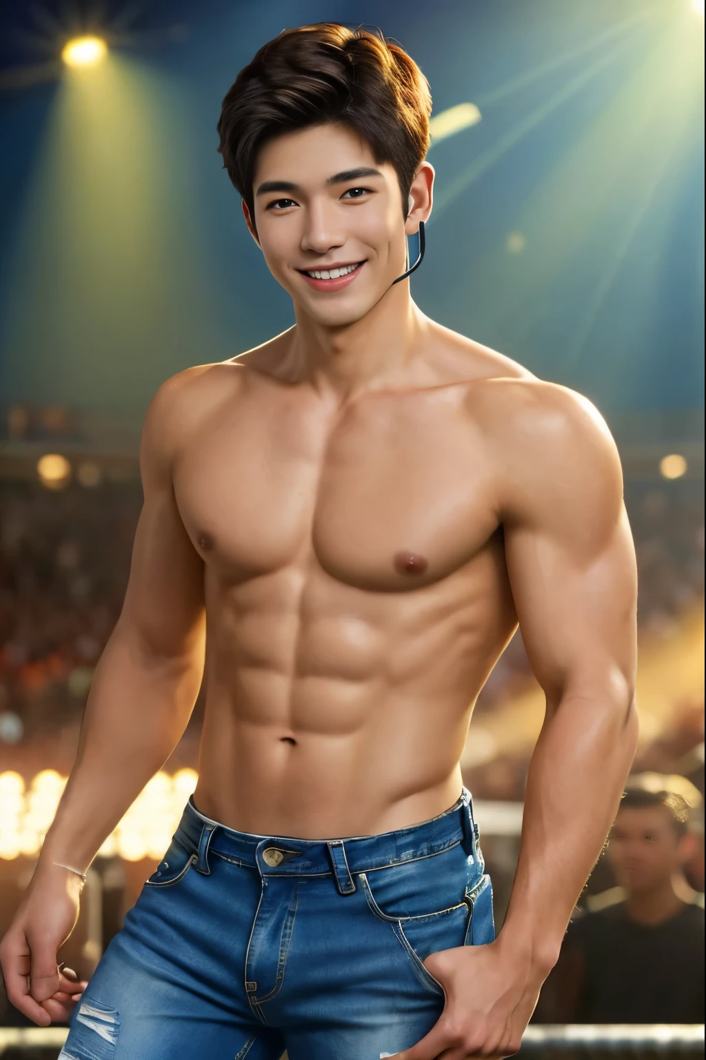 (masterpiece, best quality:1.2), cowboy shot, solo, male focus, 1boy, smile, looking at viewer, wireless headphones, shirtless, ripped jean, sport shoe, concert, spotlight