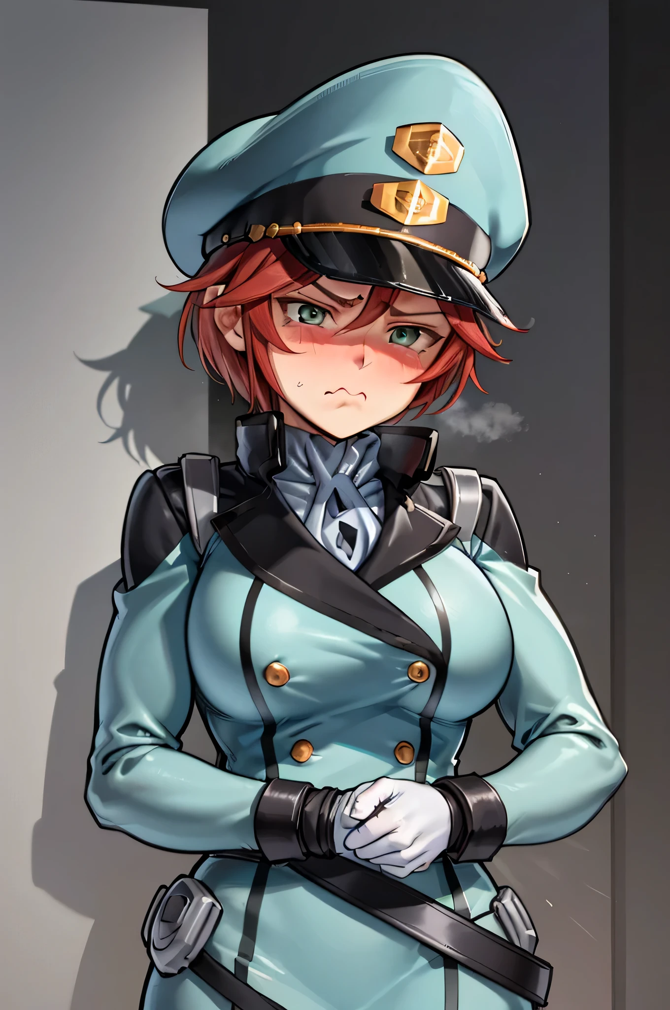 masterpiece, best quality, natora einus, peaked cap, military uniform, white gloves, furrowed brow, annoyed, blushing, looking at viewer, pouting, cowboy shot, large breasts
