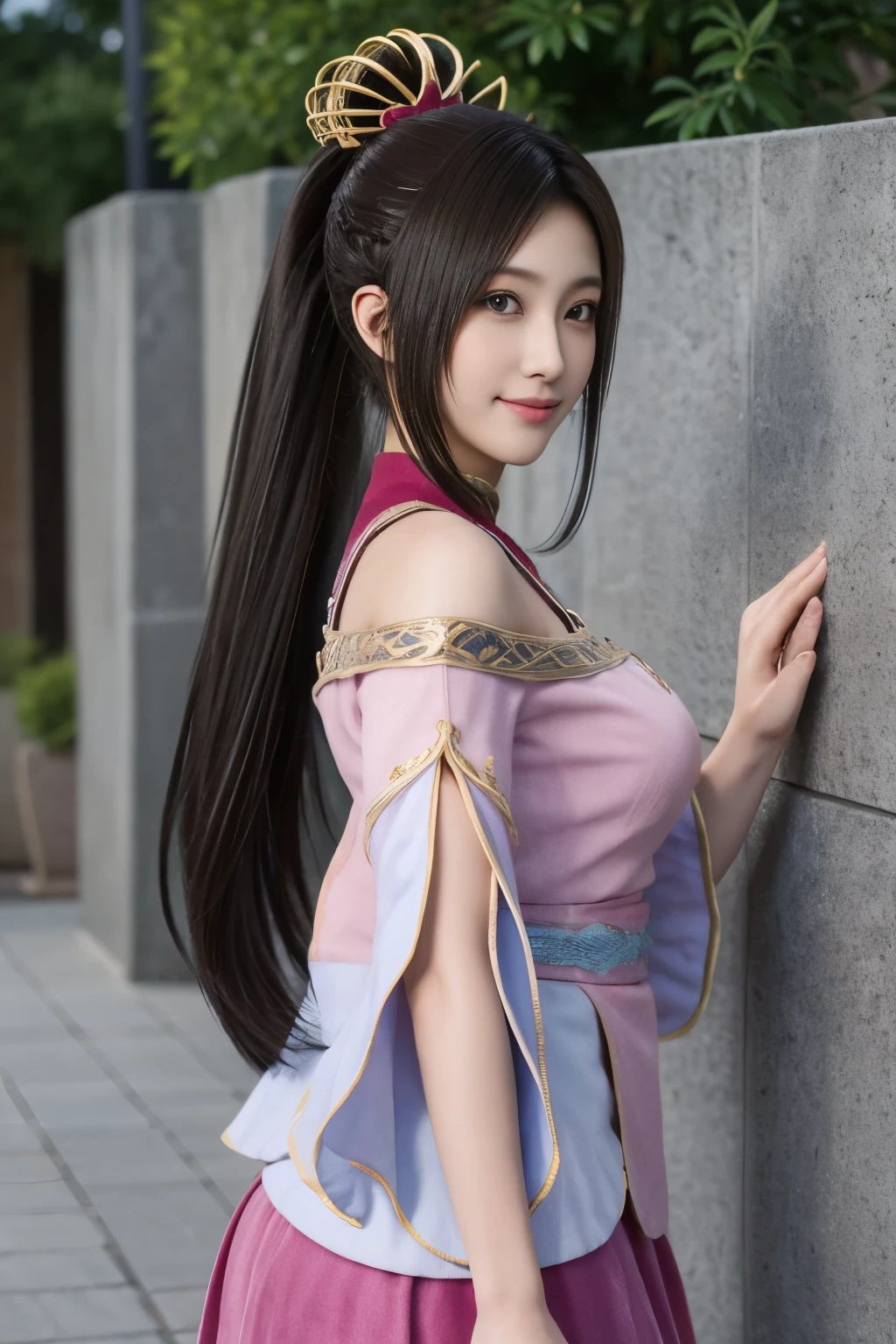 Diaochan from Sangoku Musou 8,超reality的な,hair ornaments,Perfect Diaochan costume,twin tail star piece、1 cute girl、 high school stud eyes、puffy eyes、bright outdoors,Bright downtown、highest quality, 超High resolution, (reality: 1.4), movie lighting、Japanese、asian beauty、Korean、super beautiful、beautiful skin、body facing forward、whole body,Upper body、(超reality的な)、(High resolution)、(8k)、(very detailed)、(美しくfine eyes)、(Super detailed)、 (wall-)、detailed face、bright lighting、professional lighting、looking at the viewer、look straight ahead、slanted bangs、brown hair、Nogizaka Idol、