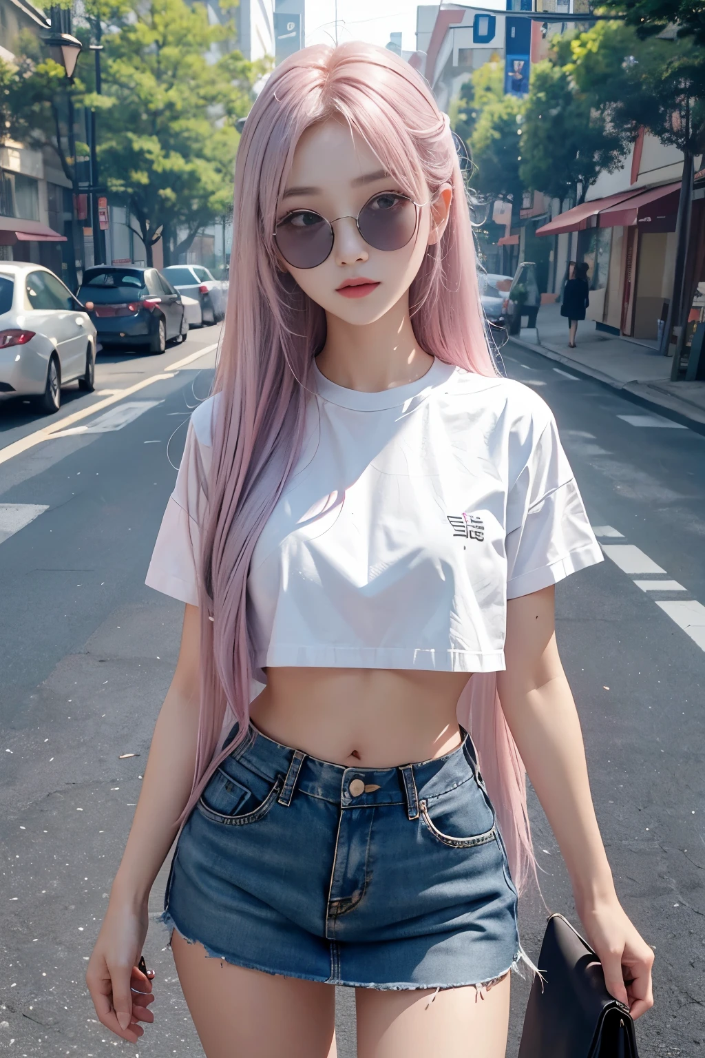 beautiful Korean girl looks like 4D painting,(view), long straight parting hair, Silver and pink hair, sunglasses, cropped t-shirts, abs stomach, short skirt (park in morning background), vibrant colours, studio lights, gentle lights, dim light, 3D animation