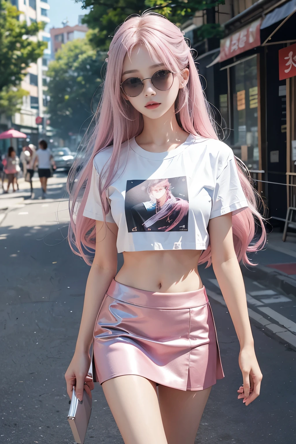 beautiful Korean girl looks like 4D painting,(view), long straight parting hair, Silver and pink hair, sunglasses, cropped t-shirts, abs stomach, short skirt (park in morning background), vibrant colours, studio lights, gentle lights, dim light, 3D animation