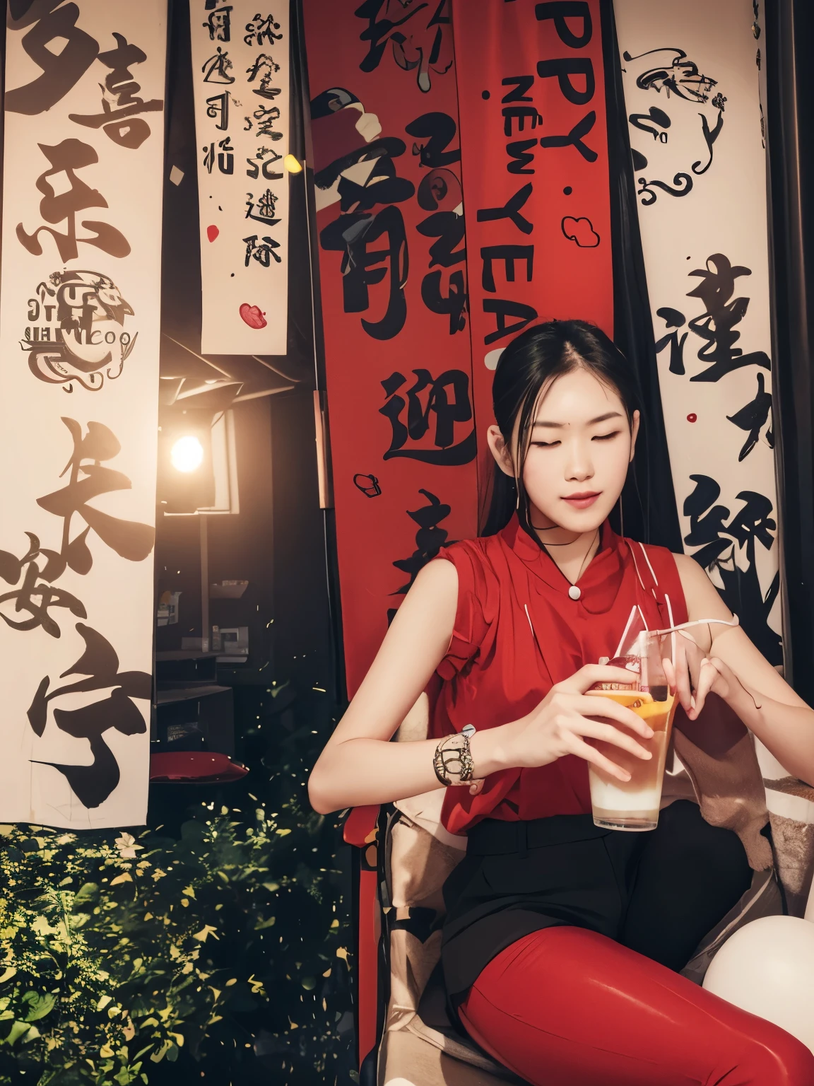 woman,22 years old,red clothes,black pants,Drinking a drink