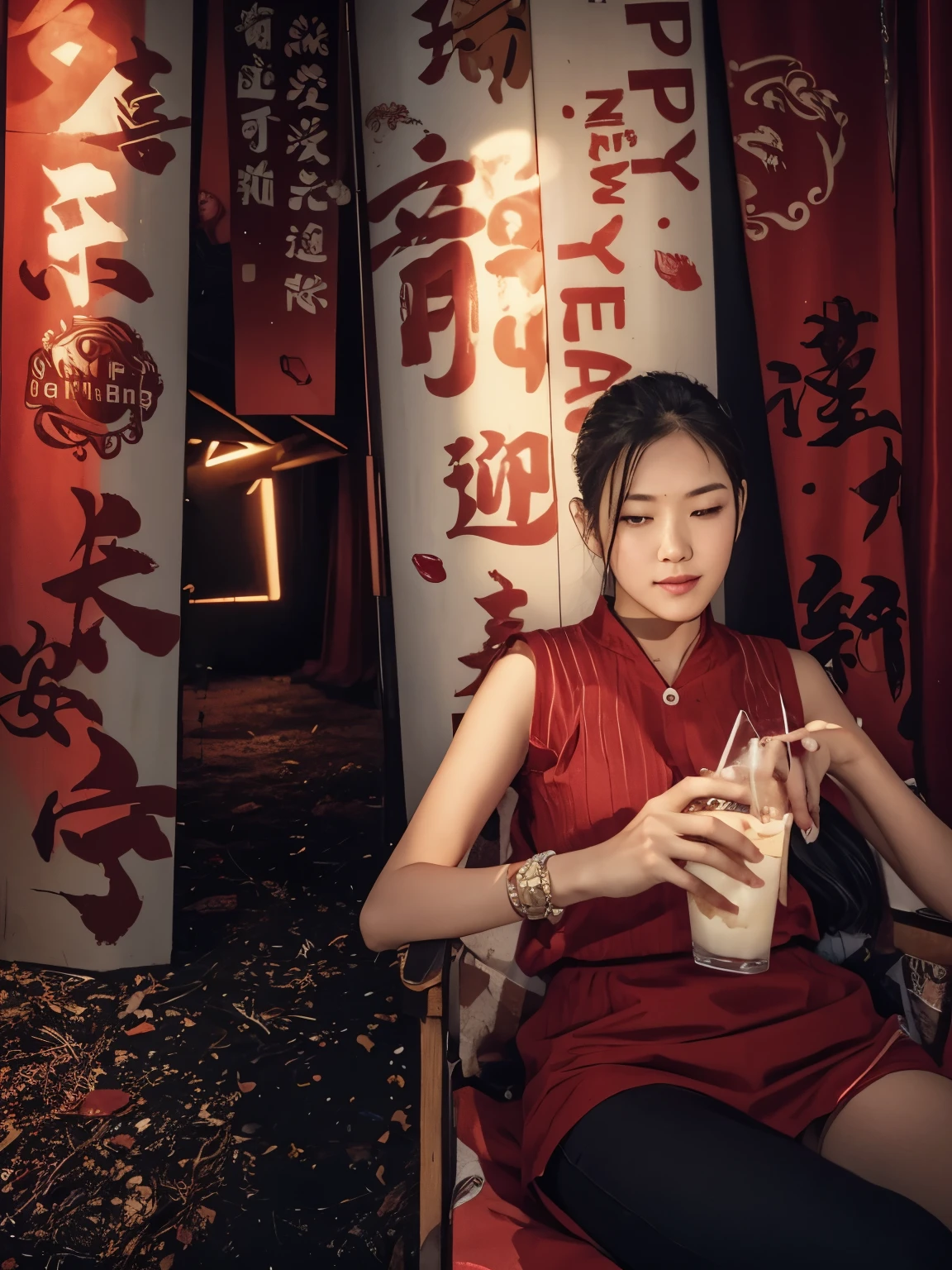 woman,22 years old,red clothes,black pants,Drinking a drink