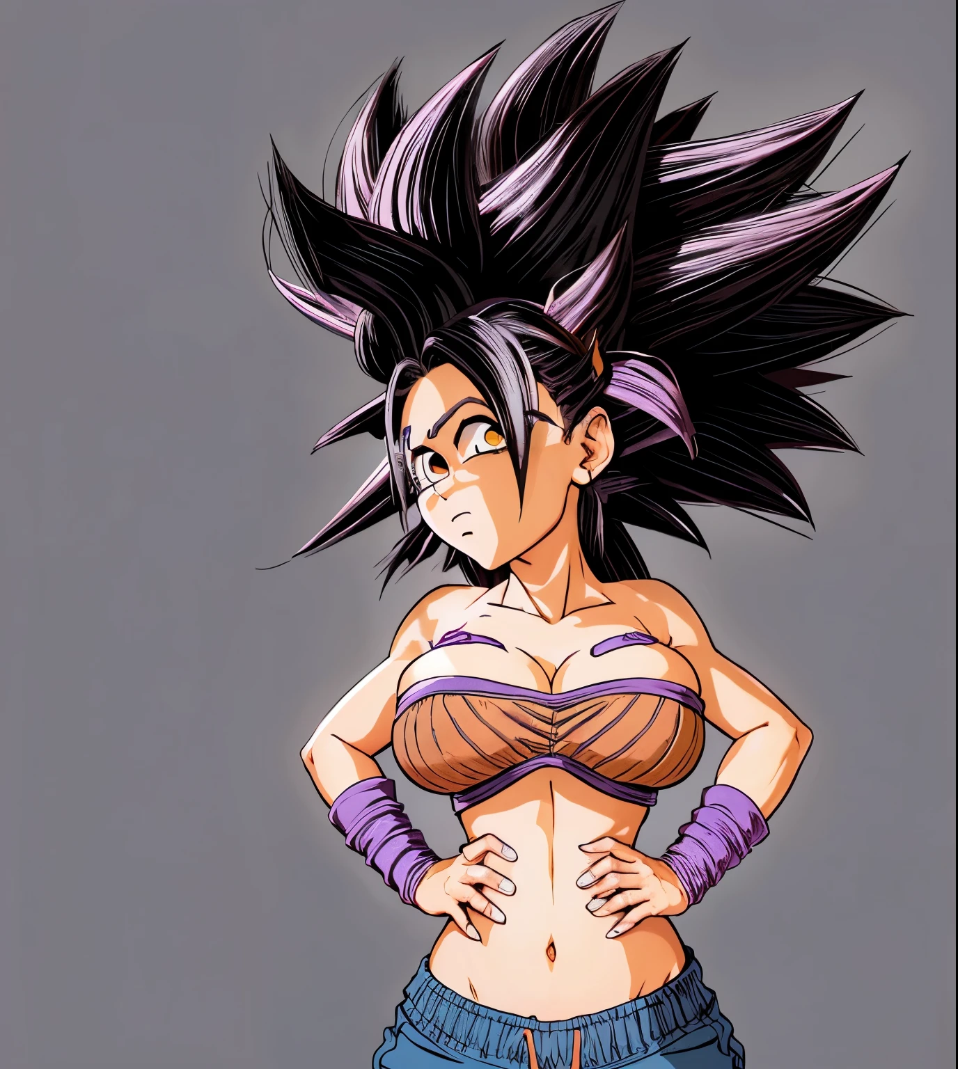 una caricatura de una mujer con un top rosa y una falda morada, chica saiyajin, goku femenino, pelo saiyajin negro puntiagudo salvaje, cell shadow adult animation, Al estilo Akira Toriyama, inspirado en Akira Toriyama, pose rudo, cel - shading art style, akira toriyama, dragon ball art style, Estilo Dragon Ball, Cel sombreado!!!