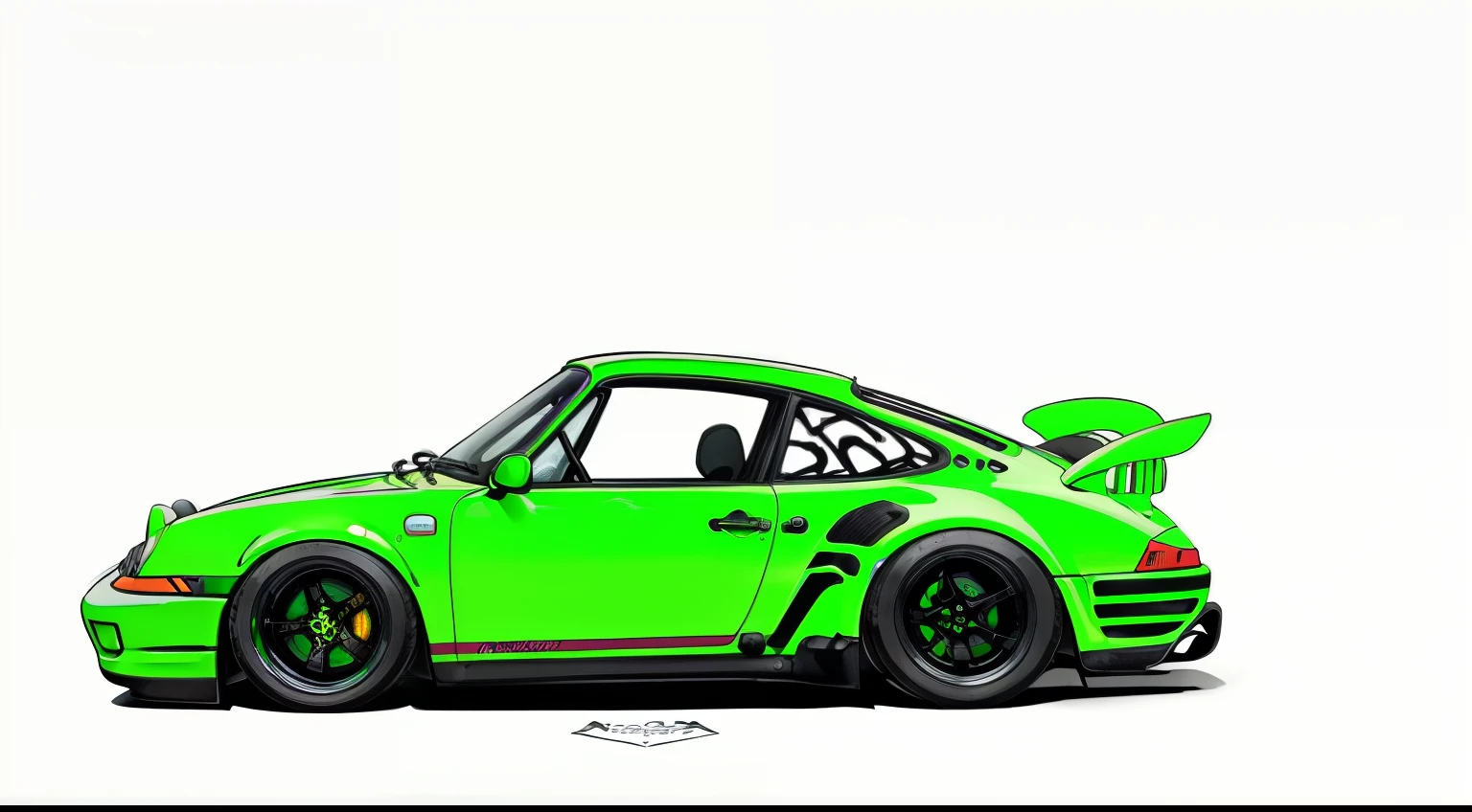 nvinkpunk, painting of a city with a  brown/neon green paint, Porsche 911 rwb rotting,wide bodykit, large wheels, high quality,