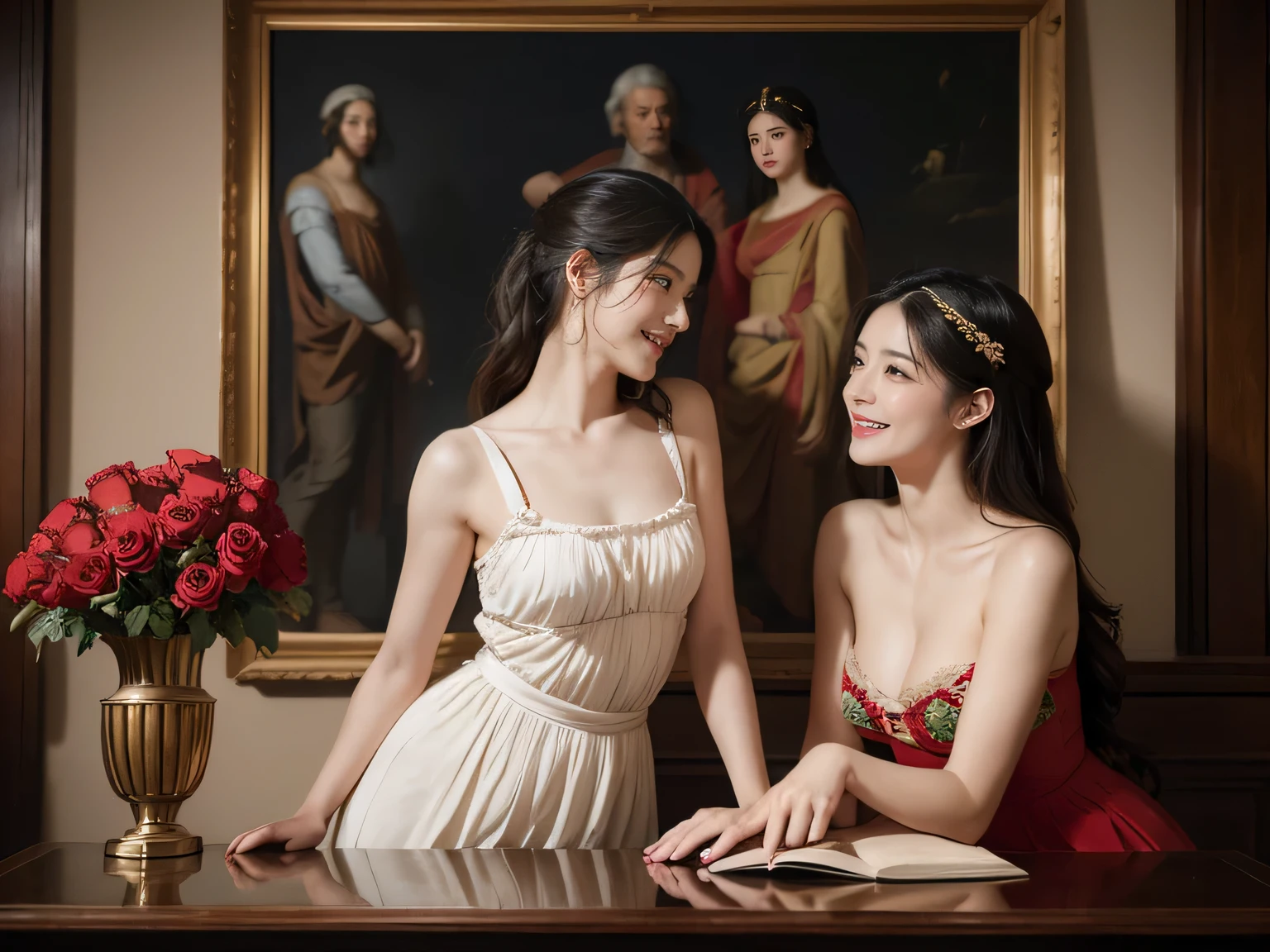 Jacques-Louis David painting style,Arguments of two female Philosophe,ath、astronomical machine、astronaut、roses in vase、fruits、Cute trinkets、smile、ancient greek costume、Clothes that stretch your shoulders、A big smile、beautiful bare skin、A detailed representation of the seducing woman throughout her body.