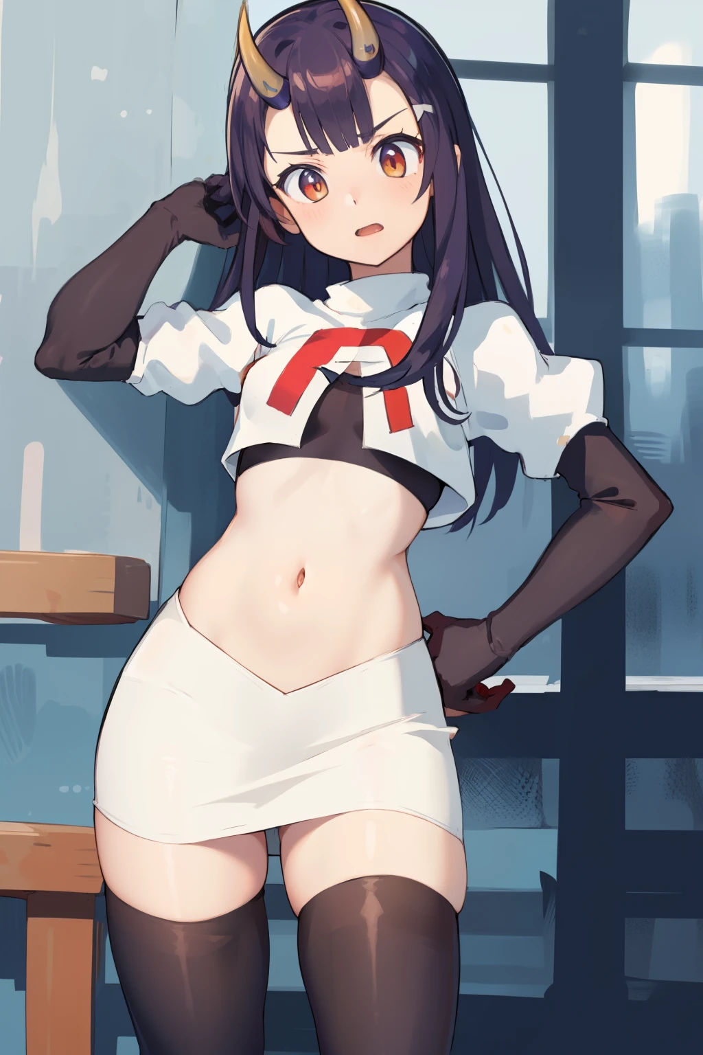 masterpiece, detailed, high quality, absurdres, onigiri1, 1girl, solo, oni horns, small breasts, curvy, cowboy shot, team rocket,team rocket uniform,white skirt,red letter R,crop top,black thigh-highs,black elbow gloves,