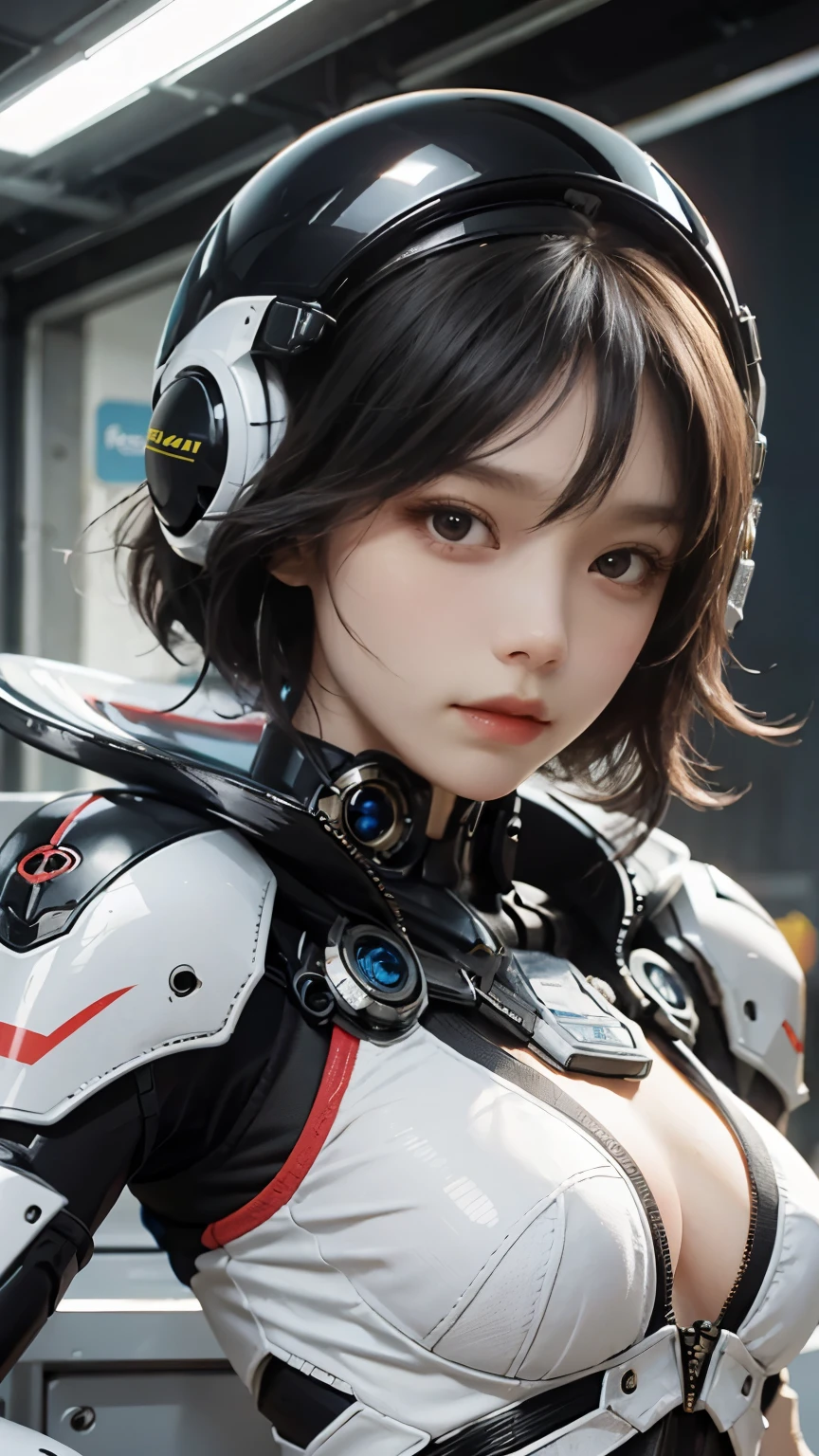 Highest image quality, outstanding details, ultra-high resolution, (realism: 1.4),  the best illustration, favor details, highly condensed 1girl, with a delicate and beautiful face, dressed in a black and silver mecha, wearing a mecha helmet, holding a directional controller, riding on a motorcycle, cool beauty,tall girl,short hair,Precisely expresses details such as face and skin texture,beautiful eye,double eyelid,delicate skin,slender body shape,alone,big breasts, At the Pixiv Art station, the background is a high-tech lighting scene of the future city.