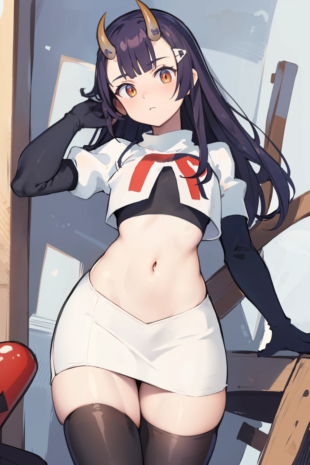 masterpiece, detailed, high quality, absurdres, onigiri1, 1girl, solo, oni horns, small breasts, curvy, cowboy shot, team rocket,team rocket uniform,white skirt,red letter R,crop top,black thigh-highs,black elbow gloves,
