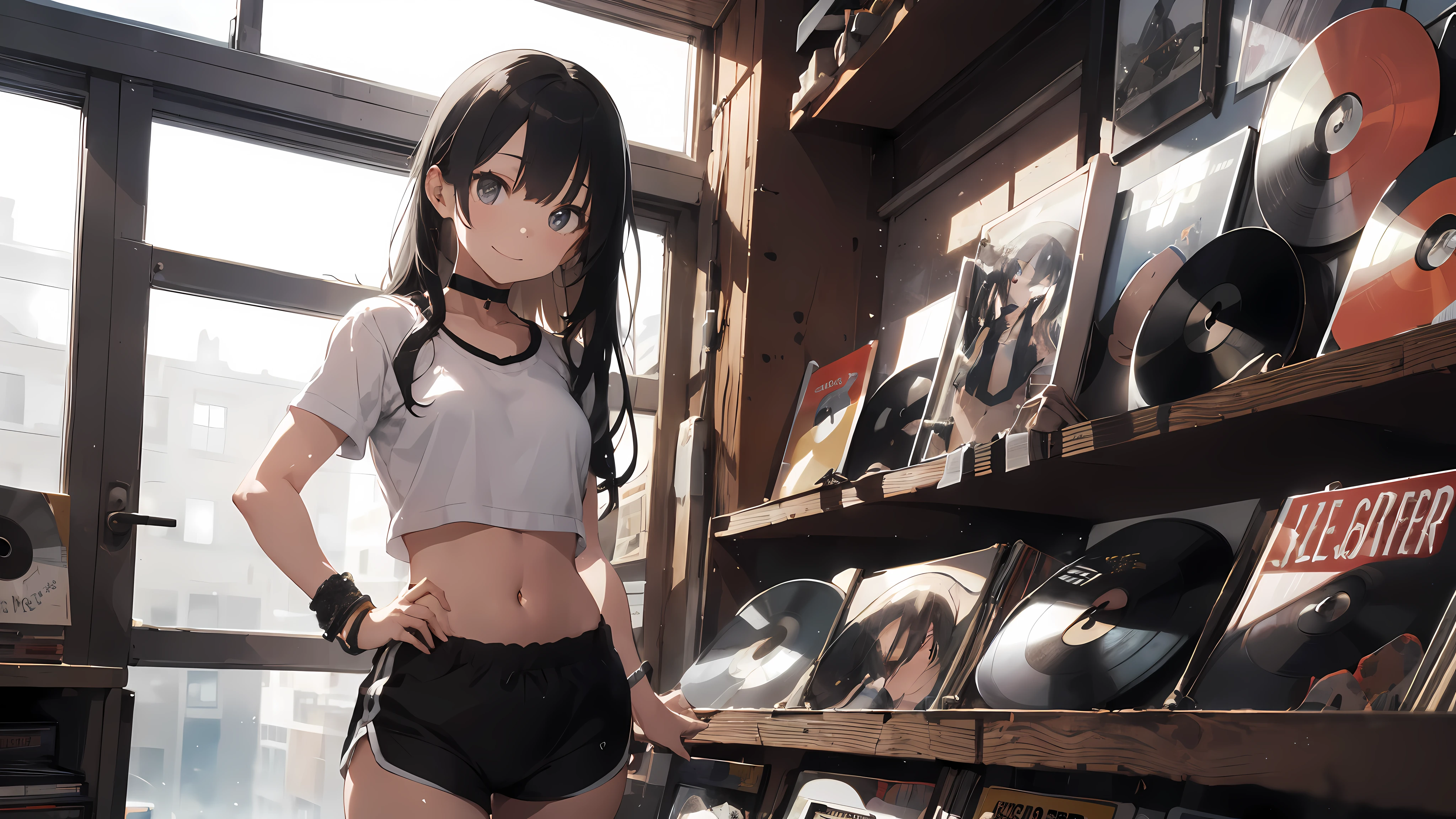 18 year old girl, long black hair with bangs, ((bangs)), big sad eyes, sweet smile, small breasts, thin hips, choker collar, wrist bracelets, white gym top, white gym shorts, standing, hand on hip, open door, open window, record store, records, vinyl, evening, nighttime, dramatic lighting, cinematic lighting, masterpiece, best quality