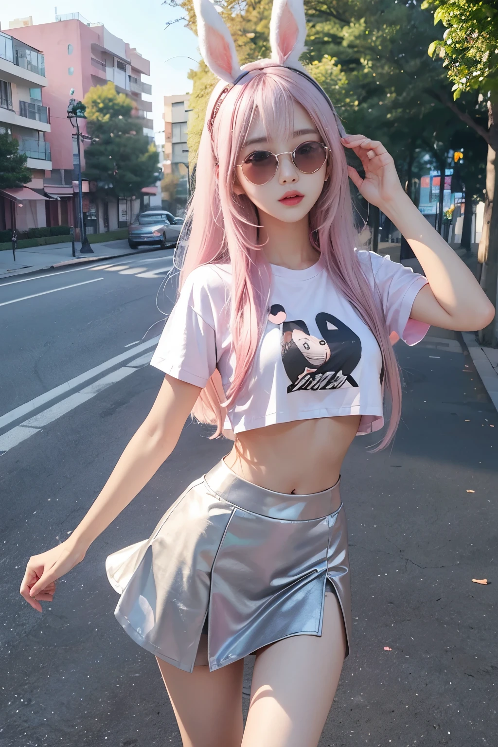 beautiful Korean girl looks like 4D painting,(view), long straight parting hair, Silver and pink hair, bunny ears headband, sunglasses, cropped t-shirts, abs stomach, short skirt (park in morning background), vibrant colours, studio lights, gentle lights, dim light, 3D animation