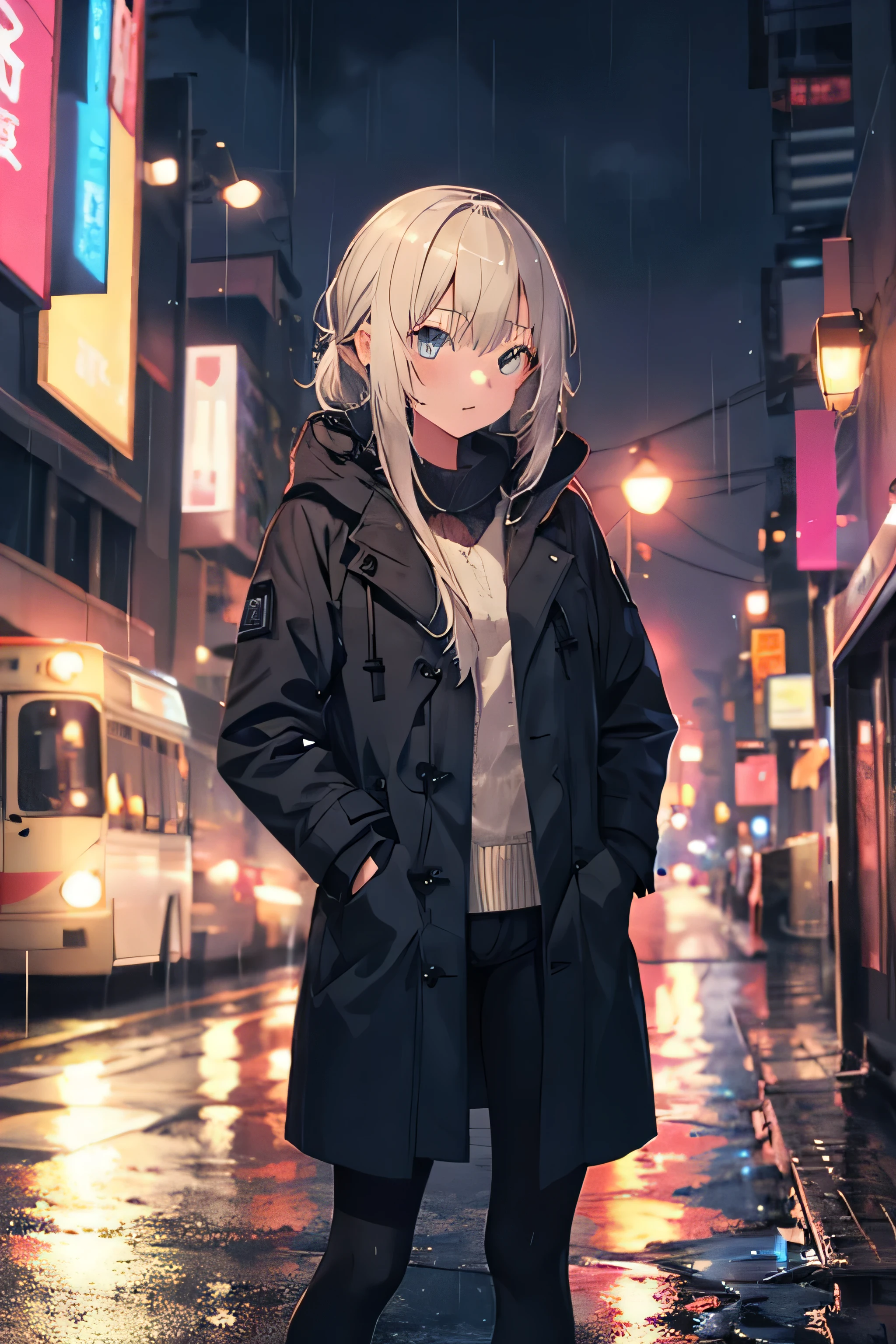 1girl,night city,rain,coat,hands in pockets