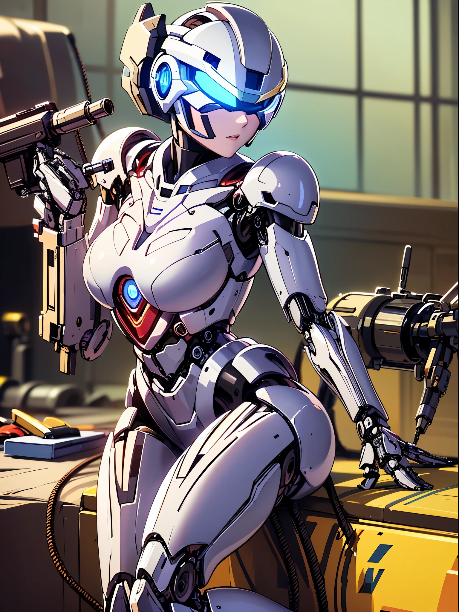 full body depiction、(((female robocop:1.3)))、(((mechanical headgear:1.3)))、(((Mechanical helmet covering the eyes:1.8)))、shiny silver armor、(attack motion)、(Put one arm forward:1.3)、((Very hard armor:1.2))、((Possession of a machine gun:1.2))、(Hold a machine gun:1.6)、((Thigh Gun Holder:1.8))、(Blue Machine Eyes:1.3)、(brown short cut hair)、beautiful fingers, beautiful long legs, beautiful body, beautiful nose, beautiful character design, perfect face,(table top, highest qualityの, highest quality, beautiful and aesthetic: 1.2), very detailed, more detailed,proper body proportions,table top,Ultra high quality output image,High resolution,intricate details、realistic pictures,dream-like,professional lighting,realistic shadow,focus only,laughter、anime one、