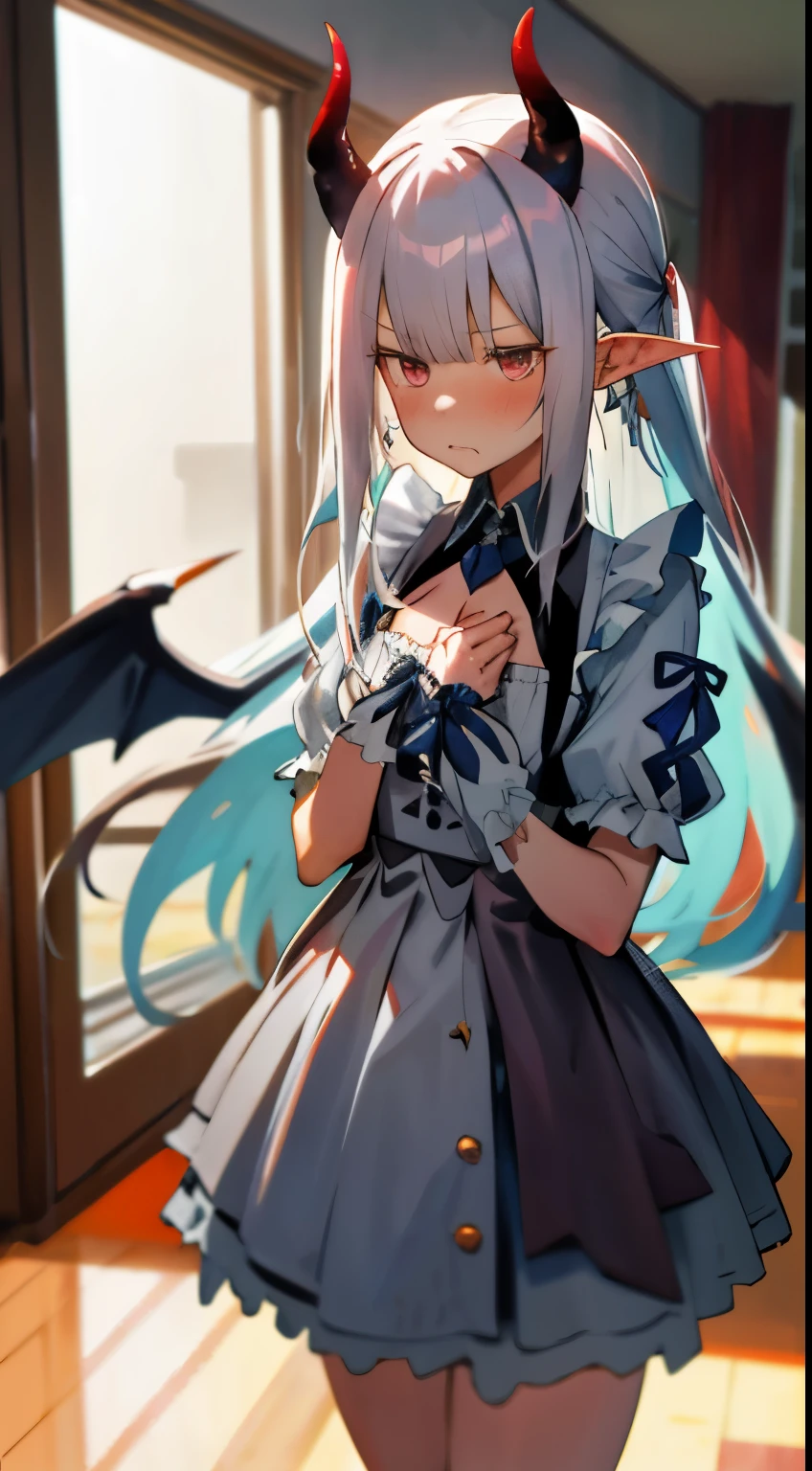 one girl with long hair, gray hair, look away, cowboy shot, embarrassing, blush, The mouth is small and open, indoor, thigh, pointed ears, maid dress, devil&#39;s wings, Demon King, demon horn, Medium chest, cover the chest