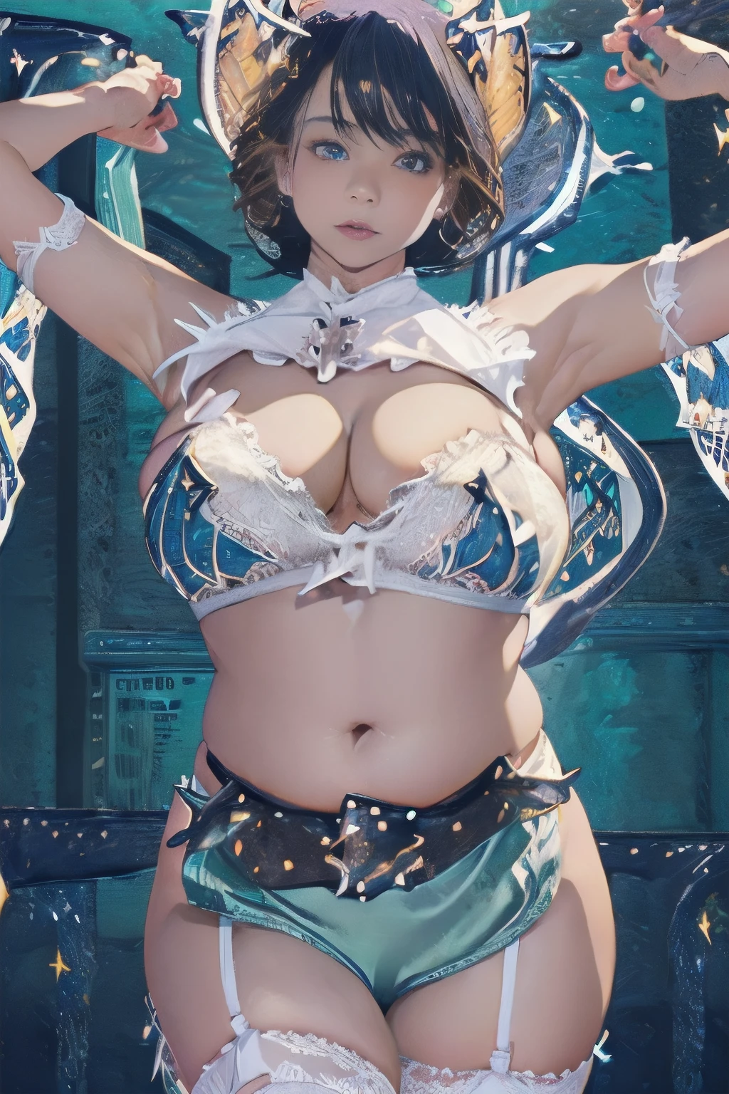 masterpiece, best quality, extremely detailed, 1girl, solo model, (slant eyes), (put on eyelashes), smile, plump, chubby, (shinny skin:1.2), white skin, curly brown bob hair, (double belly), lose lower belly, wedgie horizontal line, (long saggy :1.2), (plump thighs:1.2), (plump upper arms:1.2), (Plump calves:1.2), Stylish pose, (full body shot), hard rim lighting, strong high light, low angle, (cowboy shot:2.5), fantasy castle town style background, lace shawl, (white lace strapless bra:1.5), (white lace panty), (white lace garter straps), (white lace suspended stocking:1.5), white string heels, 