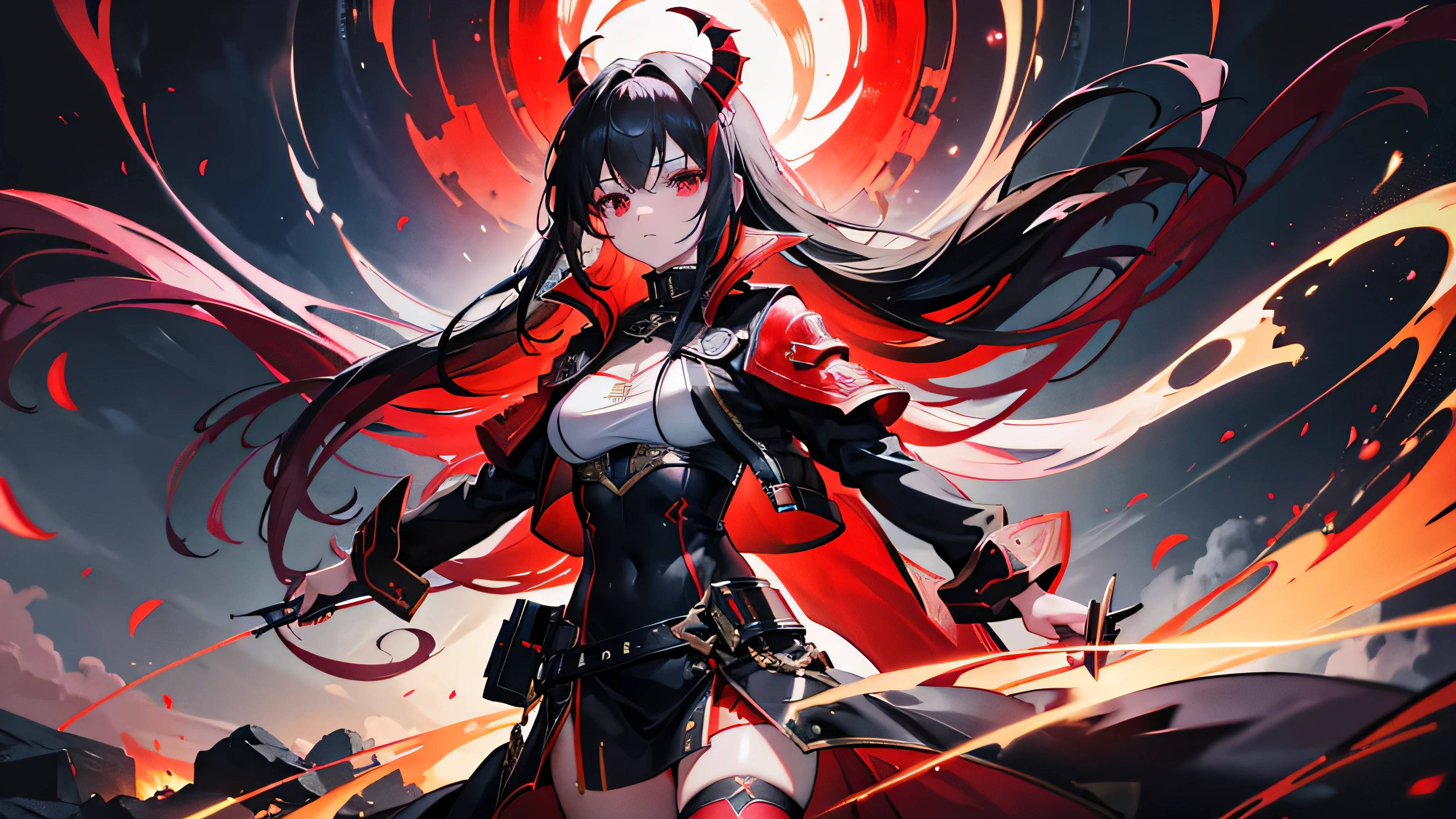 make a girl with black hair and red and blue eyes with Red lighting around her