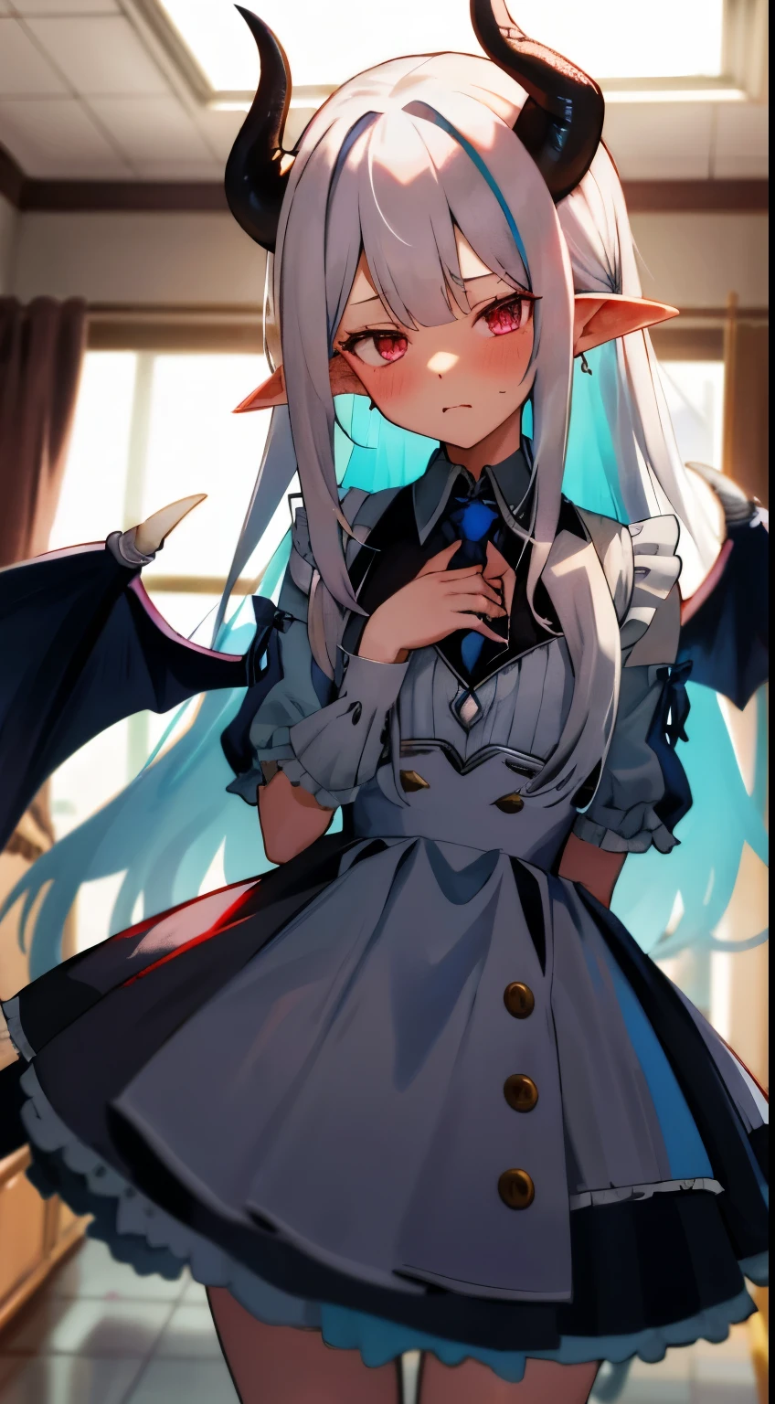 one girl with long hair, gray hair, look away, cowboy shot, embarrassing, blush, The mouth is small and open, indoor, thigh, pointed ears, maid dress, devil&#39;s wings, Demon King, demon horn, Medium chest, cover the chest