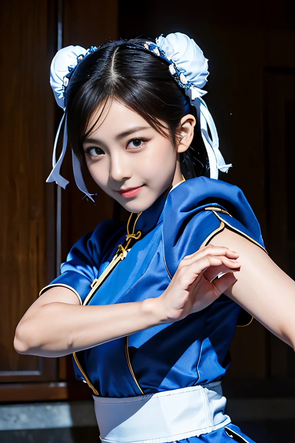 Chun-Li from Street Fight II,perfect chun li costume,blue cheongsam with gold lines,Bun head,Good cover,fighting pose,masterpiece、1 beautiful girl、fine eyes、puffy eyes、highest quality, 超High resolution, (reality: 1.4), movie lighting、Japanese、asian beauty、Korean、super beautiful、beautiful skin、body facing forward、close up of face、(超reality的な)、(High resolution)、(8k)、(very detailed)、(美しくfine eyes)、(Super detailed)、 (wall-)、detailed face、bright lighting、professional lighting、looking at the viewer、look straight ahead、slanted bangs、Nogizaka Idol、korean idol、masterpiece, highest quality, masterpiece, highest quality, perfect face, perfect brown eyes with white sclera, bad move-5, alone, 1 girl, Upper body, brown hair, From SF2, Chinese service, smile, muscular woman, blue clothes, pantyhose, pelvic curtain, Puffy short sleeves, Good cover, sash, evaluation:safety
