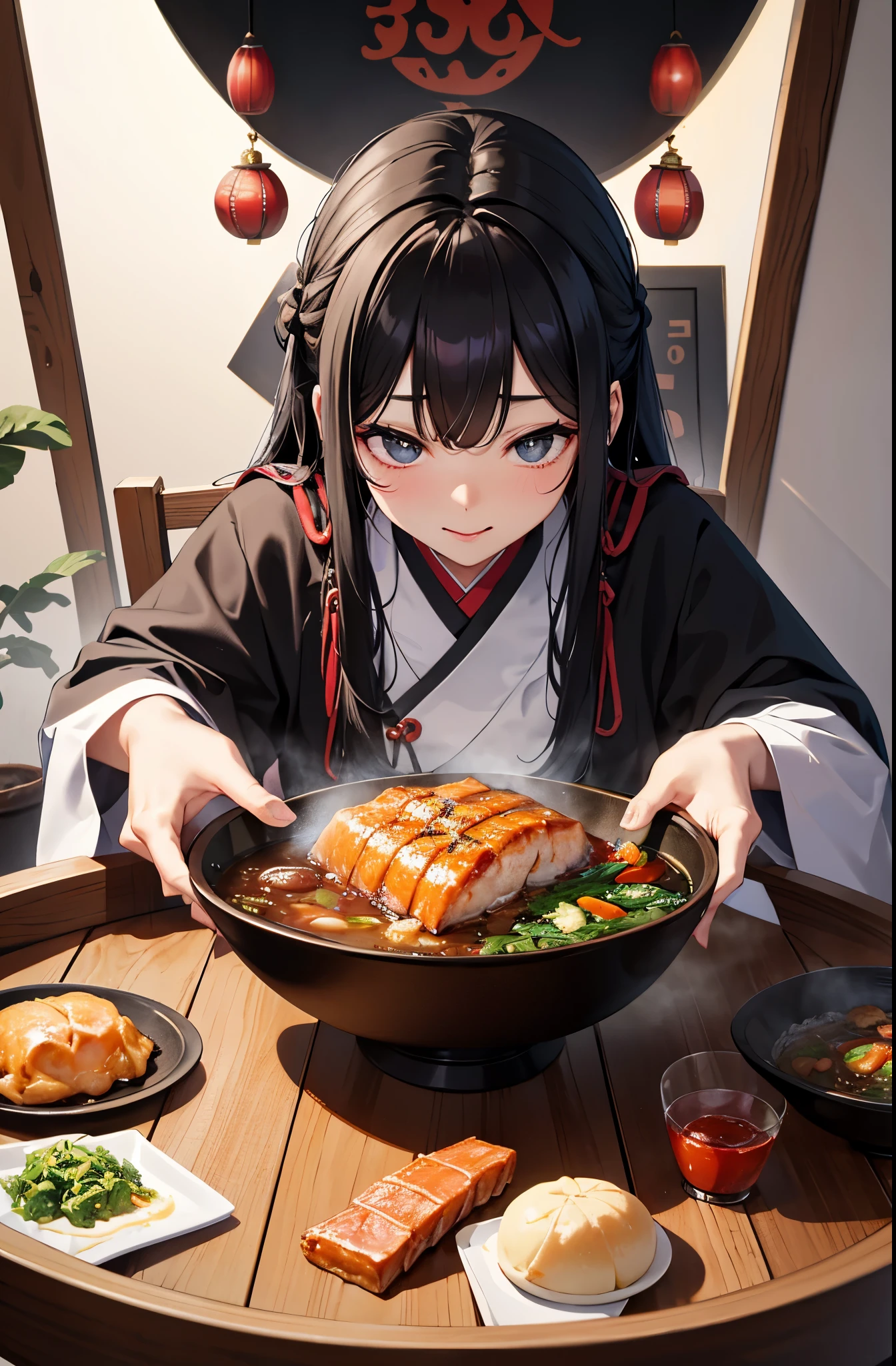 there is a black bowl with food in it on a table, closeup at the food, korean supper, yummy, rice, very tasty, salmon khoshroo, daopao, eeri, aokamei, cooked, yum, food blog photo, wok, very ornate, by Simon Gaon, dish, very very happy!, by Adam Manyoki, break, perfect anatomy, masterpiece:1.2, best quality, 8k, beautiful detailed grow, daydreaming expression.