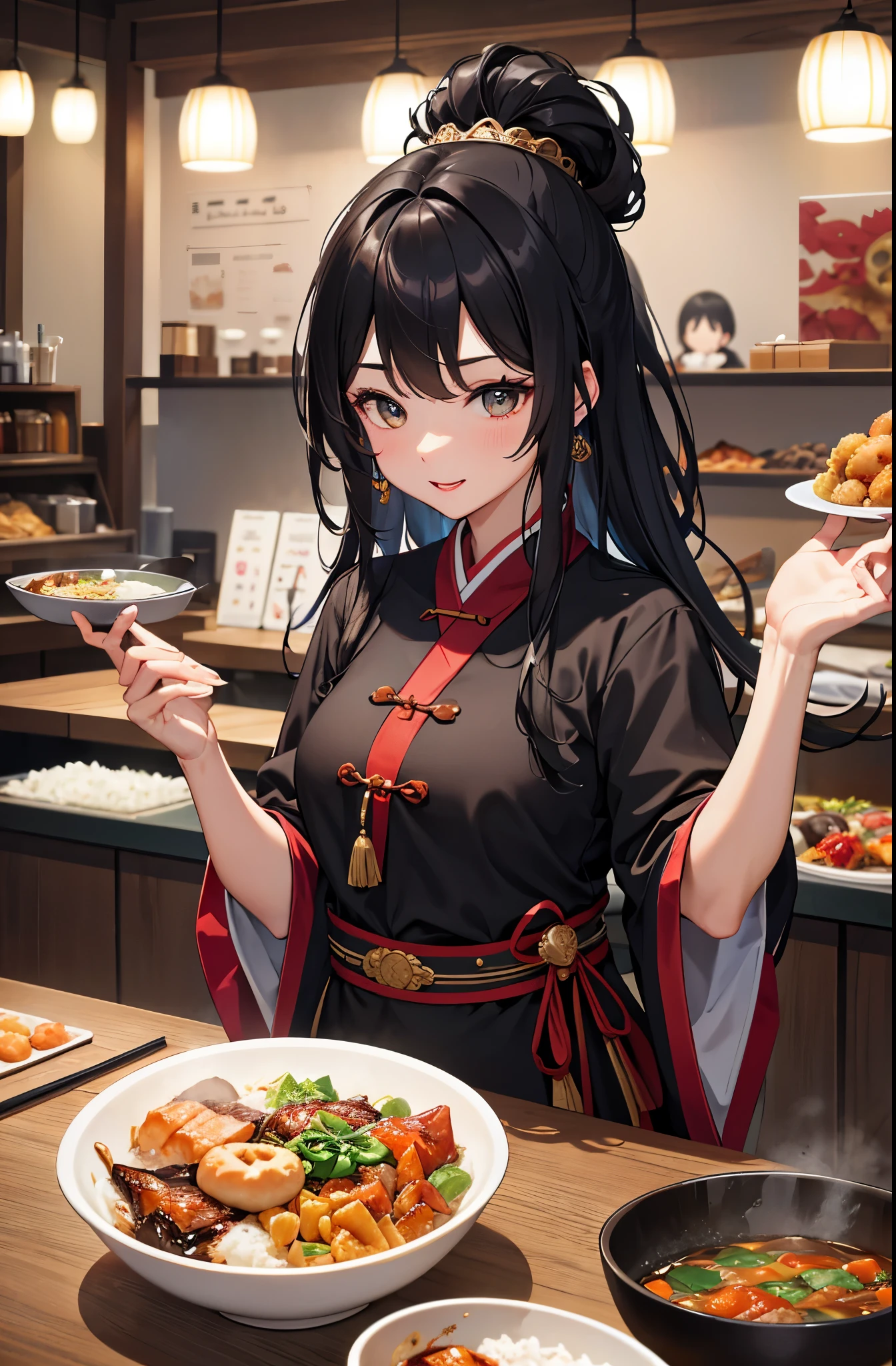 there is a black bowl with food in it on a table, closeup at the food, korean supper, yummy, rice, very tasty, salmon khoshroo, daopao, eeri, aokamei, cooked, yum, food blog photo, wok, very ornate, by Simon Gaon, dish, very very happy!, by Adam Manyoki, break, perfect anatomy, masterpiece:1.2, best quality, 8k, beautiful detailed grow, daydreaming expression.